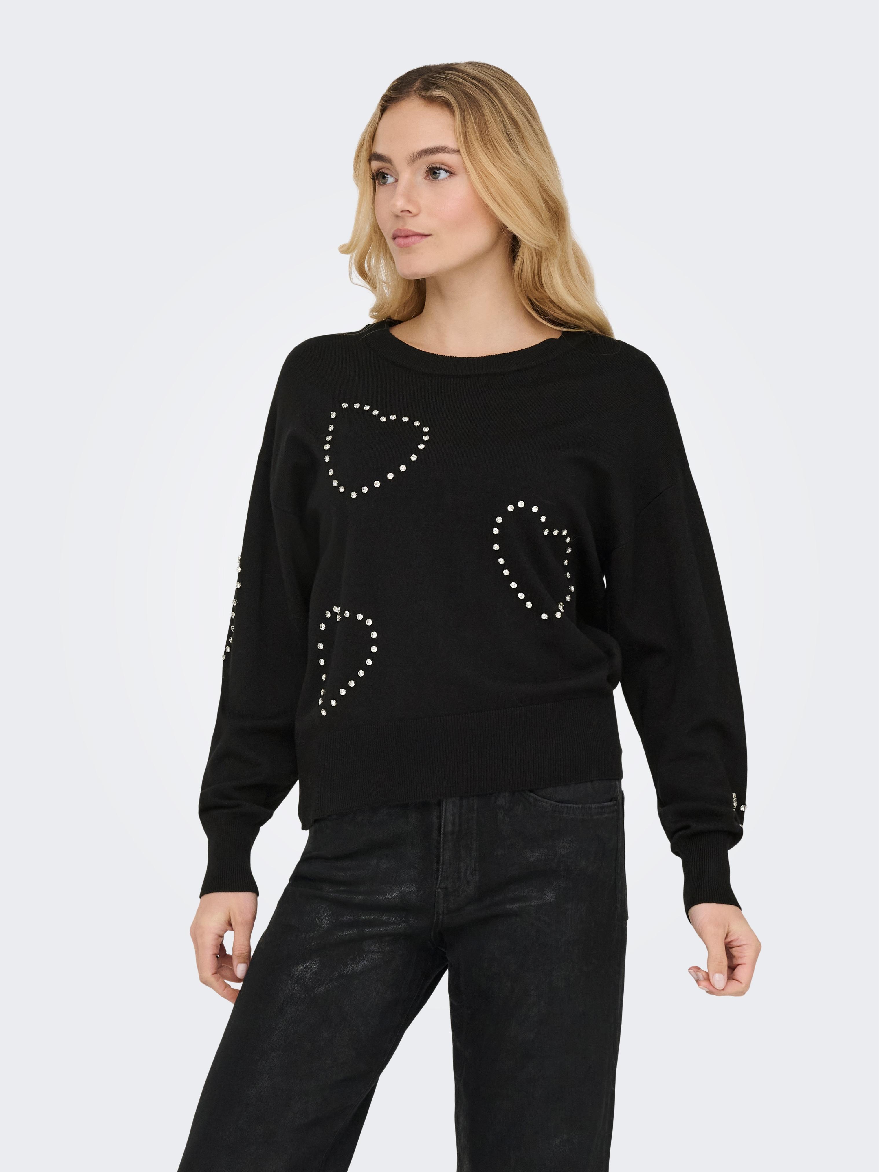 Rundhalspullover Only "Onlbee Ls Heart Bling O-NECK Cc Knt", Damen, Gr. M, Schwarz Detail:Silber Bling, Strick, Obermaterial: 80% Viskose, 20% Polyester, Unifarben, Regular Fit Normal, Rundhals, Pullover Rundhalspullover, Mit Glitzersteinen