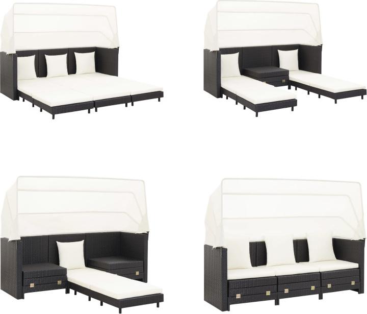 Vidaxl Divano Letto Estensibile A 3 Posti Con Tetto In Polirattan Nero - Divano Letto - Divani Letto - Divani Letto In Rattan - Divani Letto In Rattan - Divani Letto In Rattan