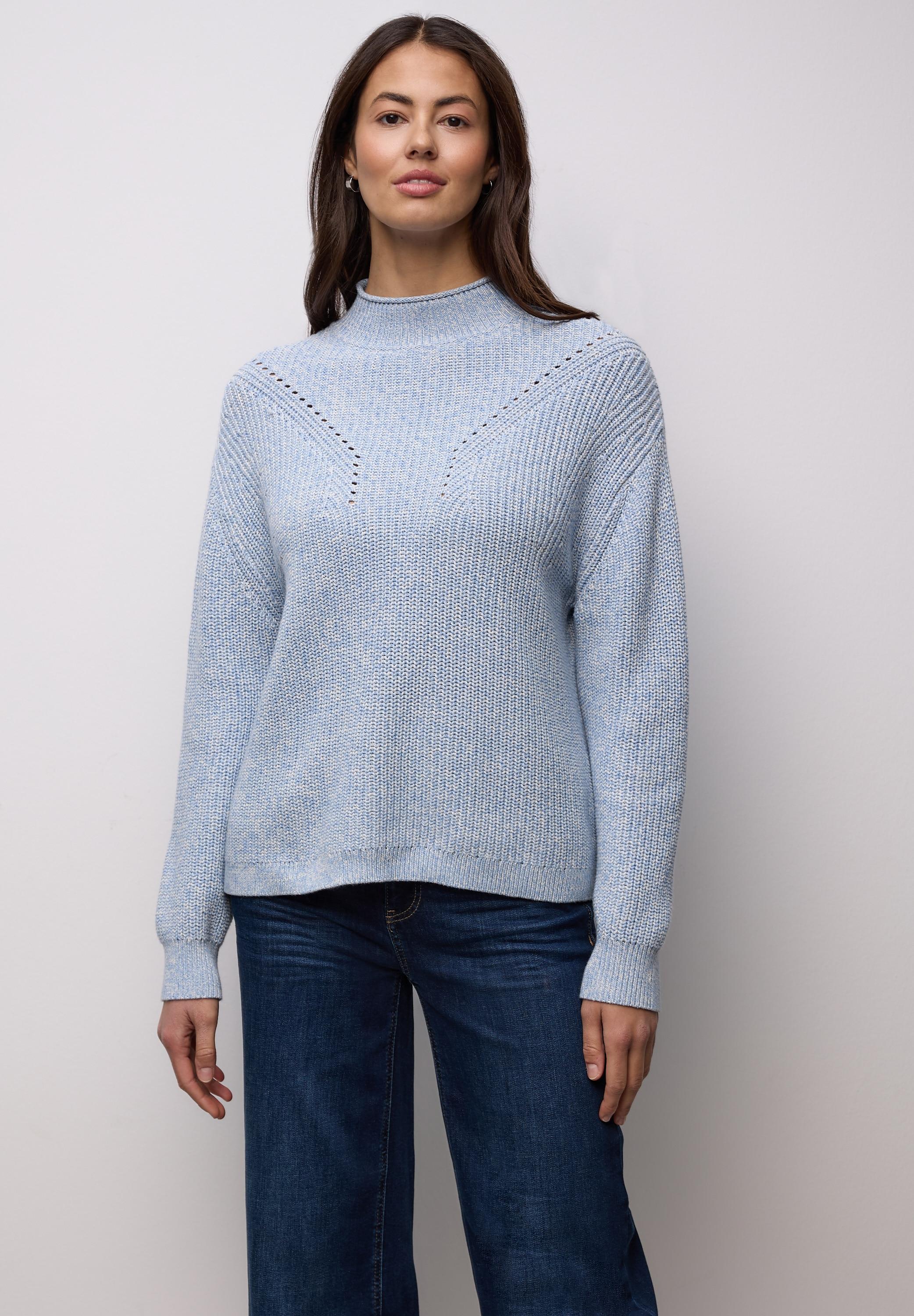 Longpullover Street One, Damen, Gr. 40, Frosted Blau, Web, 100% Baumwolle, Unifarben, Comfort Fit Normal, Rundhals, BüNdchen, Pullover Longpullover, Mit Strick-Detail