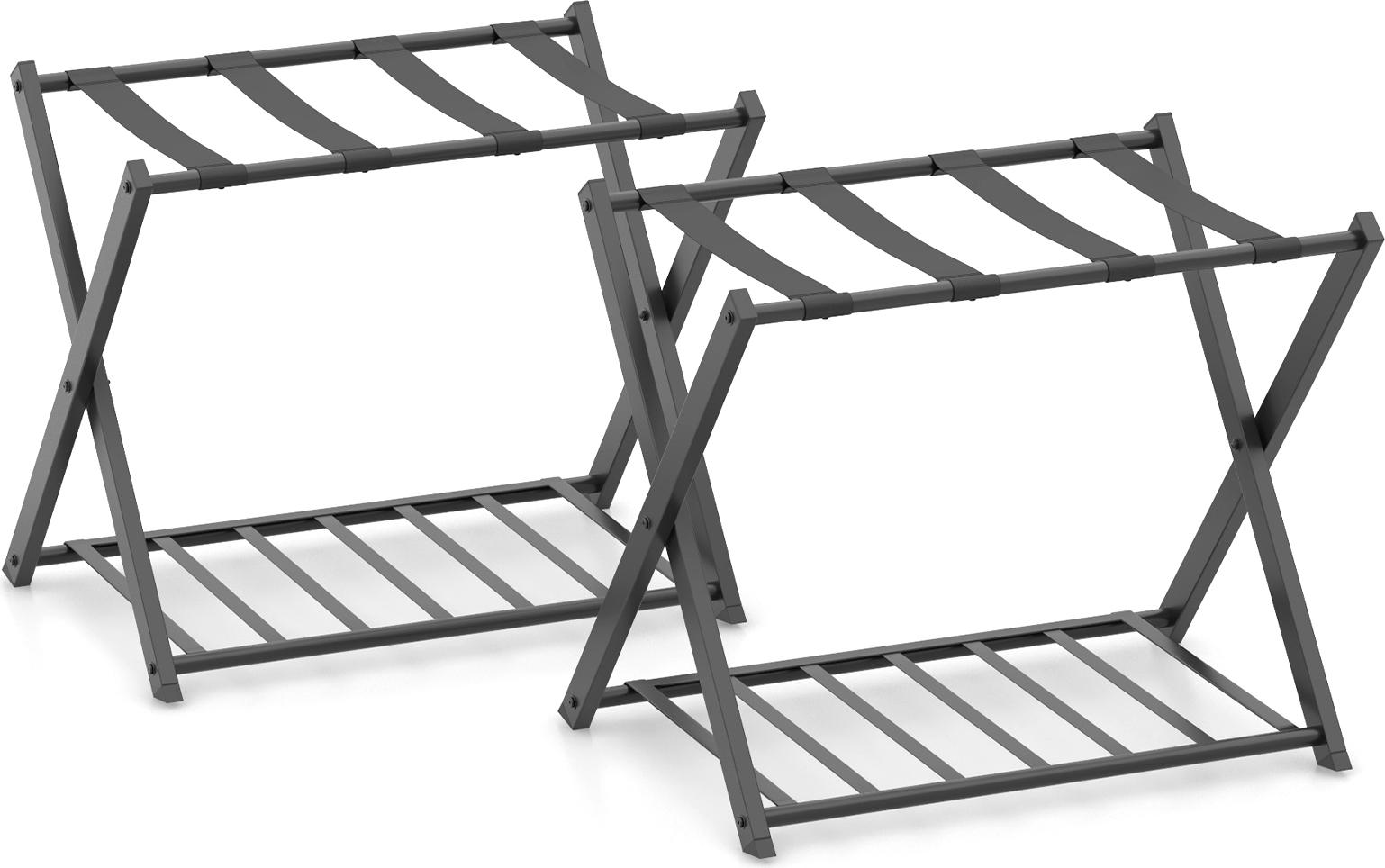 Costway Portabagagli Pieghevole Set Di 2, Portabagagli A 2 Livelli Con Ripiano, Robusto Telaio Di Supporto In Metallo Nero