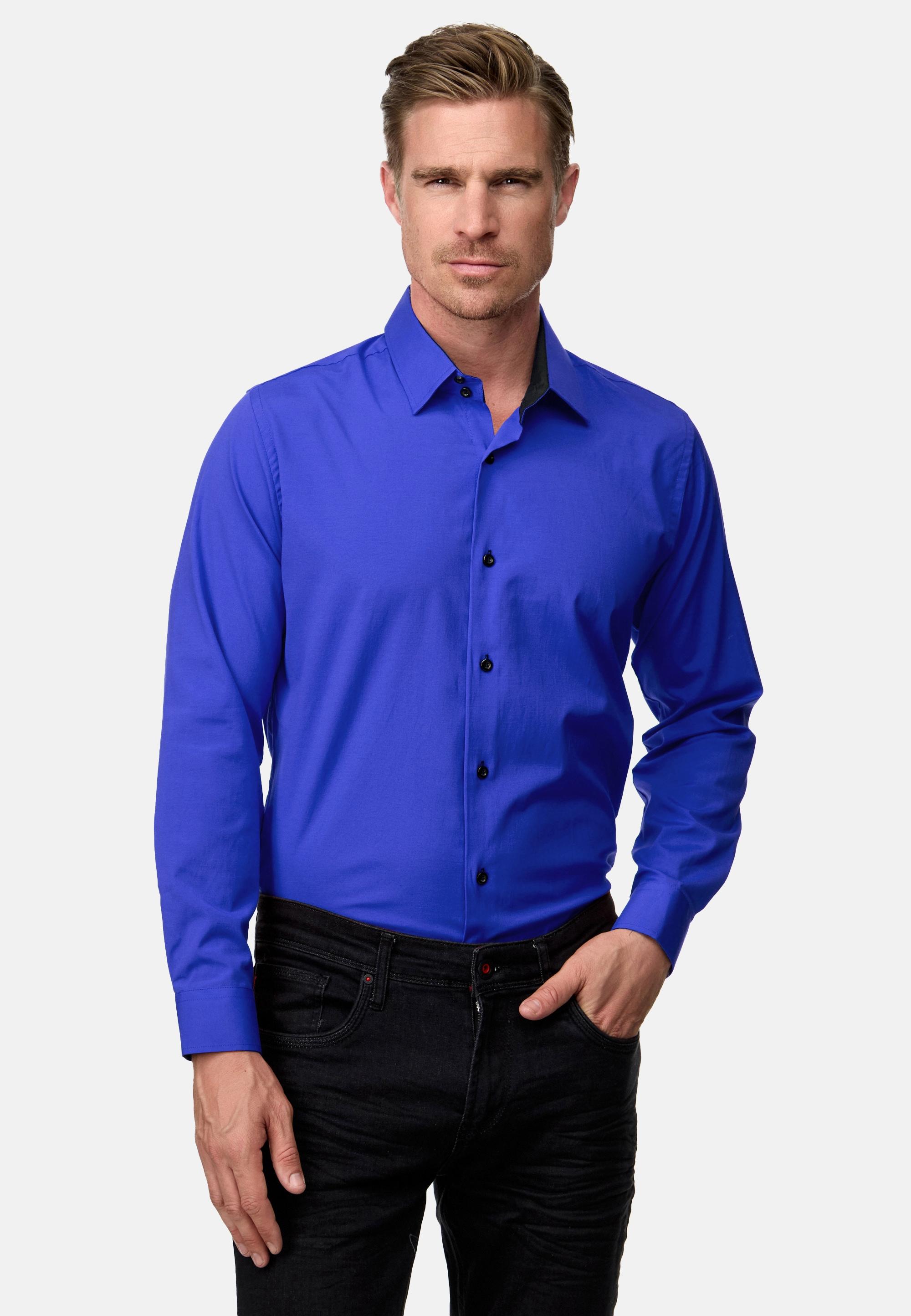 Langarmhemd Rusty Neal, Herren, Gr. S, Euro-GrößEn, Blau (Blau, Schwarz), 60% Baumwolle, 37% Polyester, 3% Elasthan, Unifarben, Hemden, Mit Trendigem Farbkontrast