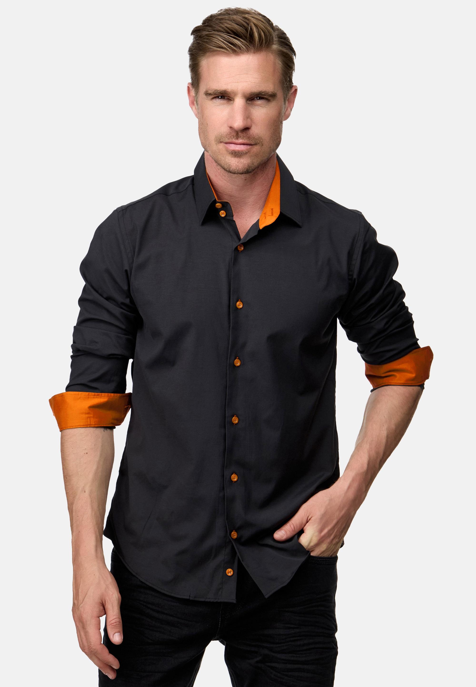 Langarmhemd Rusty Neal, Herren, Gr. Xxl, Euro-GrößEn, Schwarz (Schwarz, Orange), 60% Baumwolle, 37% Polyester, 3% Elasthan, Unifarben, Hemden, Mit Trendigem Farbkontrast
