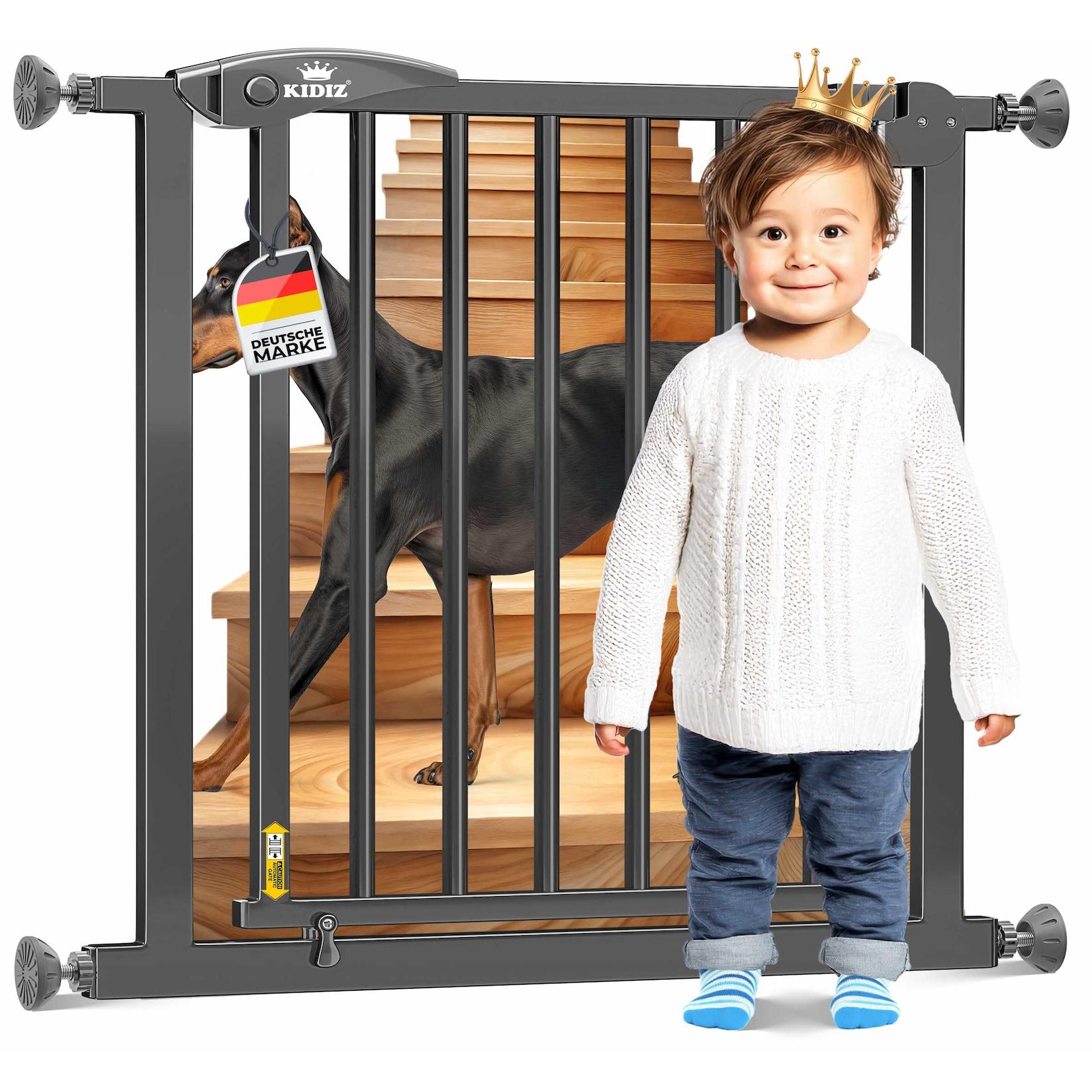 KIDIZ® Schutzgitter für Treppen Tür, Auto Close Kindertreppengitter ohne Bohren 90° Stop, Absperr Türschutzgitter, schwenkbare Trennwand, Treppenschutzgitter, Klemmen