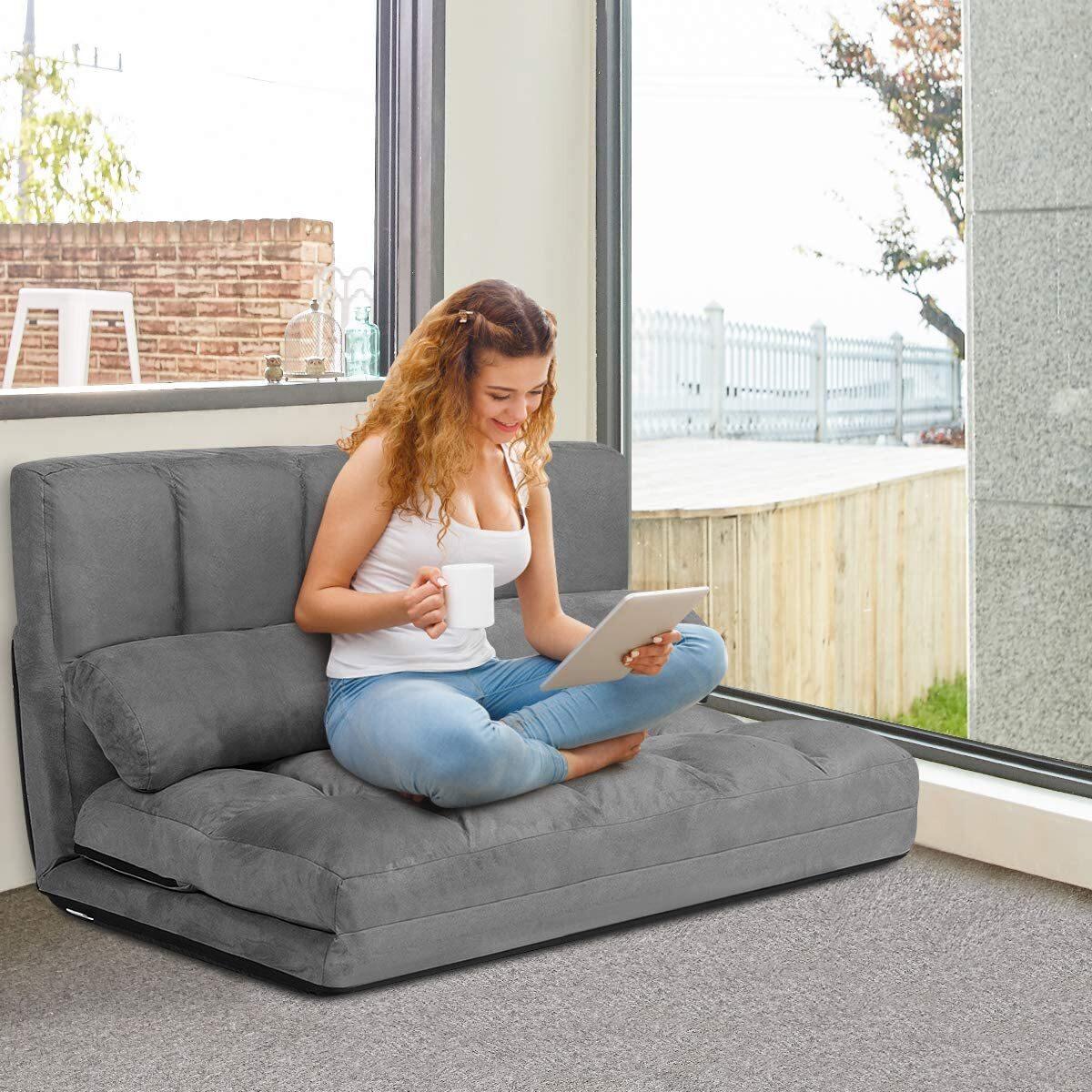 Costway Costway Divano Da Terra Letti Regolabili Di Divani Letto Divano Letto Pigro Con 2 Cuscini Grigio