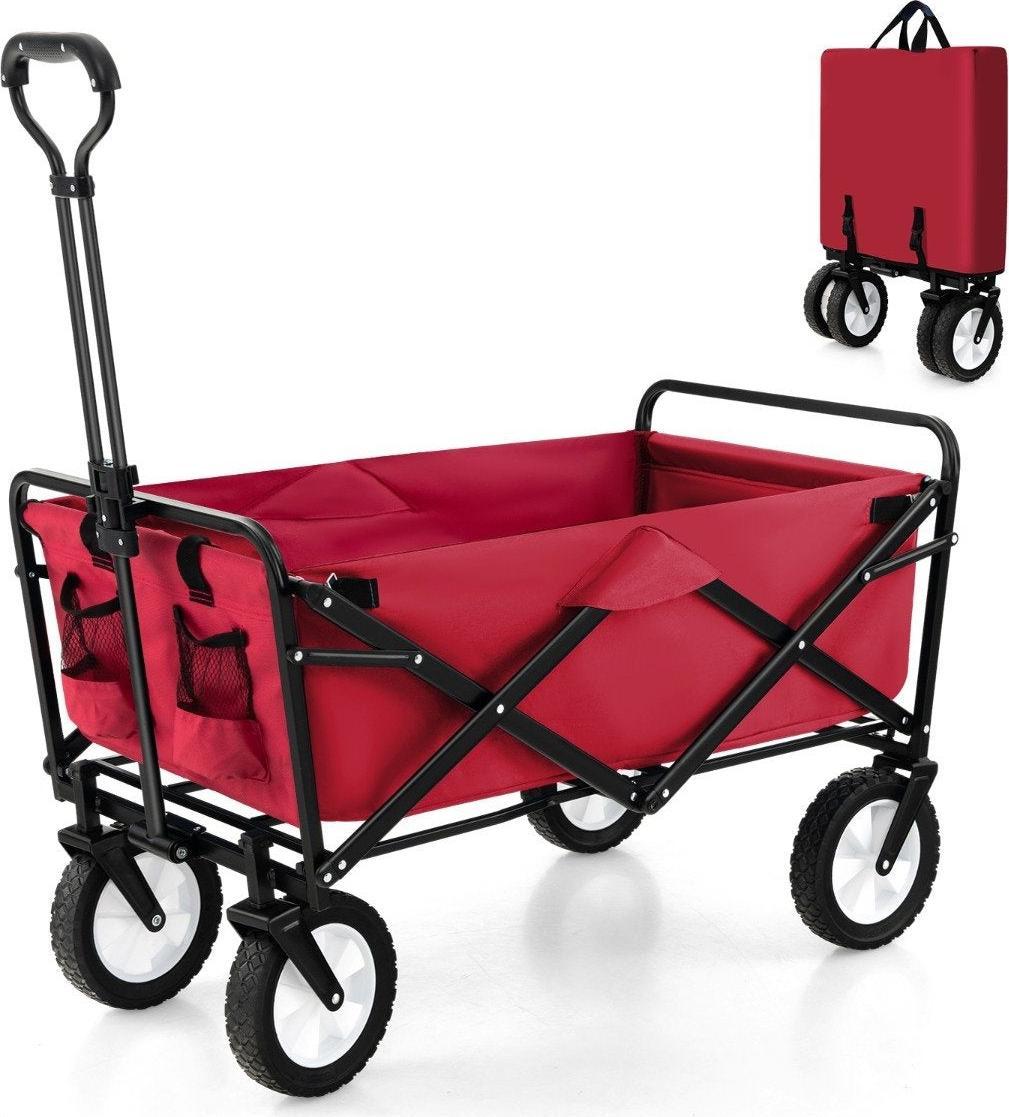 Carrello Pieghevole Con Manico Regolabile E Portabicchieri, Portata Fino A 68 Kg Per La Spesa, Campeggio, Rosso