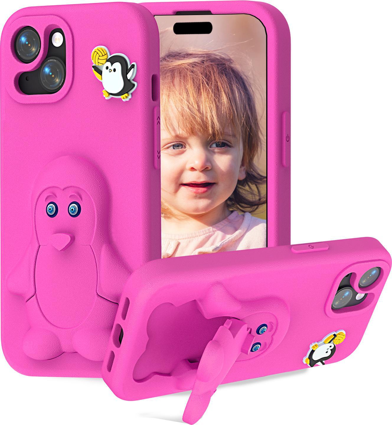 Custodia In Eva Per Iphone 15, Morbida Custodia Protettiva Antiurto Per Bambini Con Supporto Per Pinguini Rosa
