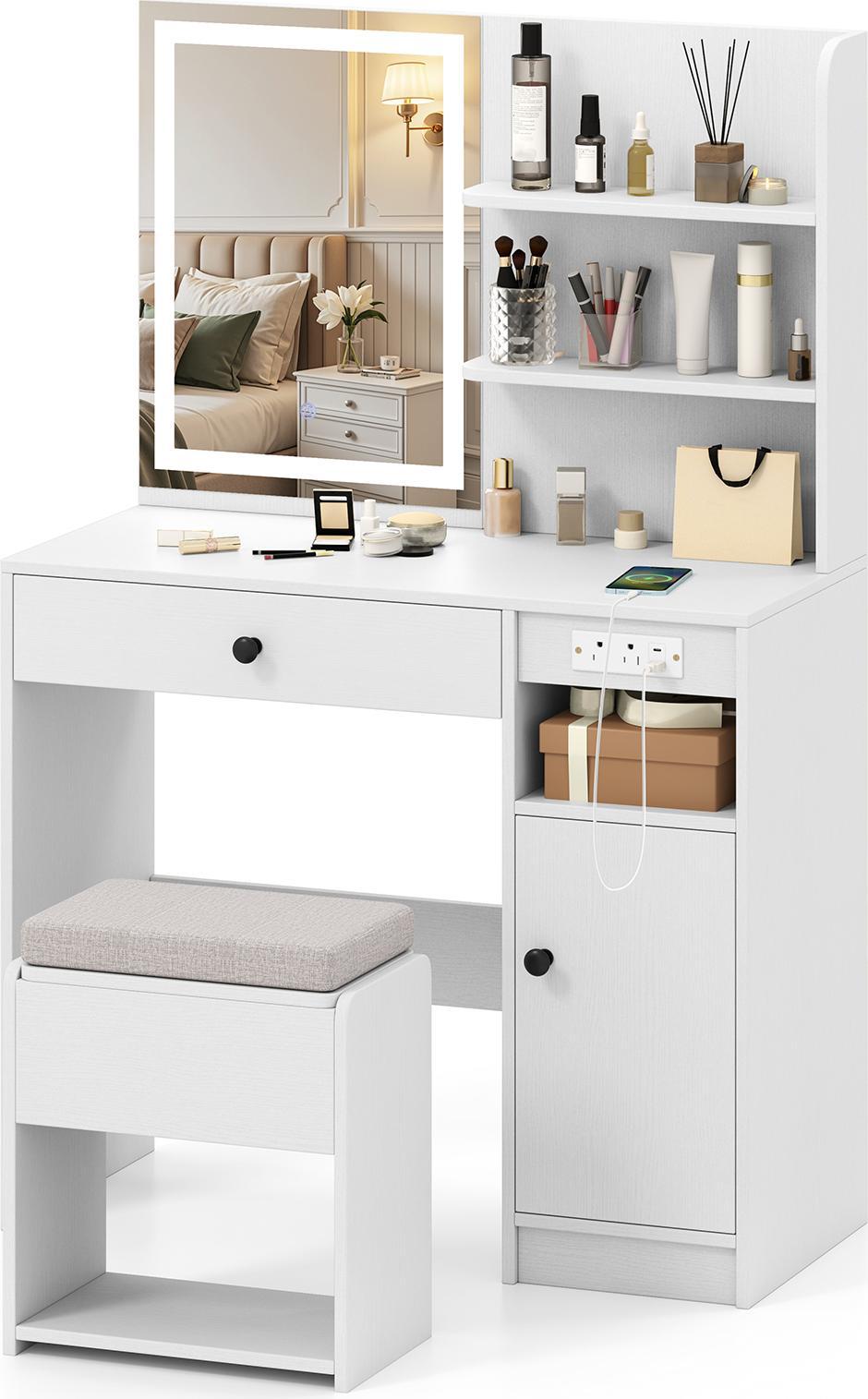 Tavolino Da Toilette Costway Con Specchio E Illuminazione A 3 Modalità, Tavolino Da Toilette Con Sgabello Imbottito, Prese Di Corrente, Ripiano E Armadietto, Tavolino Per Cosmetici 90X40X135,5 Cm