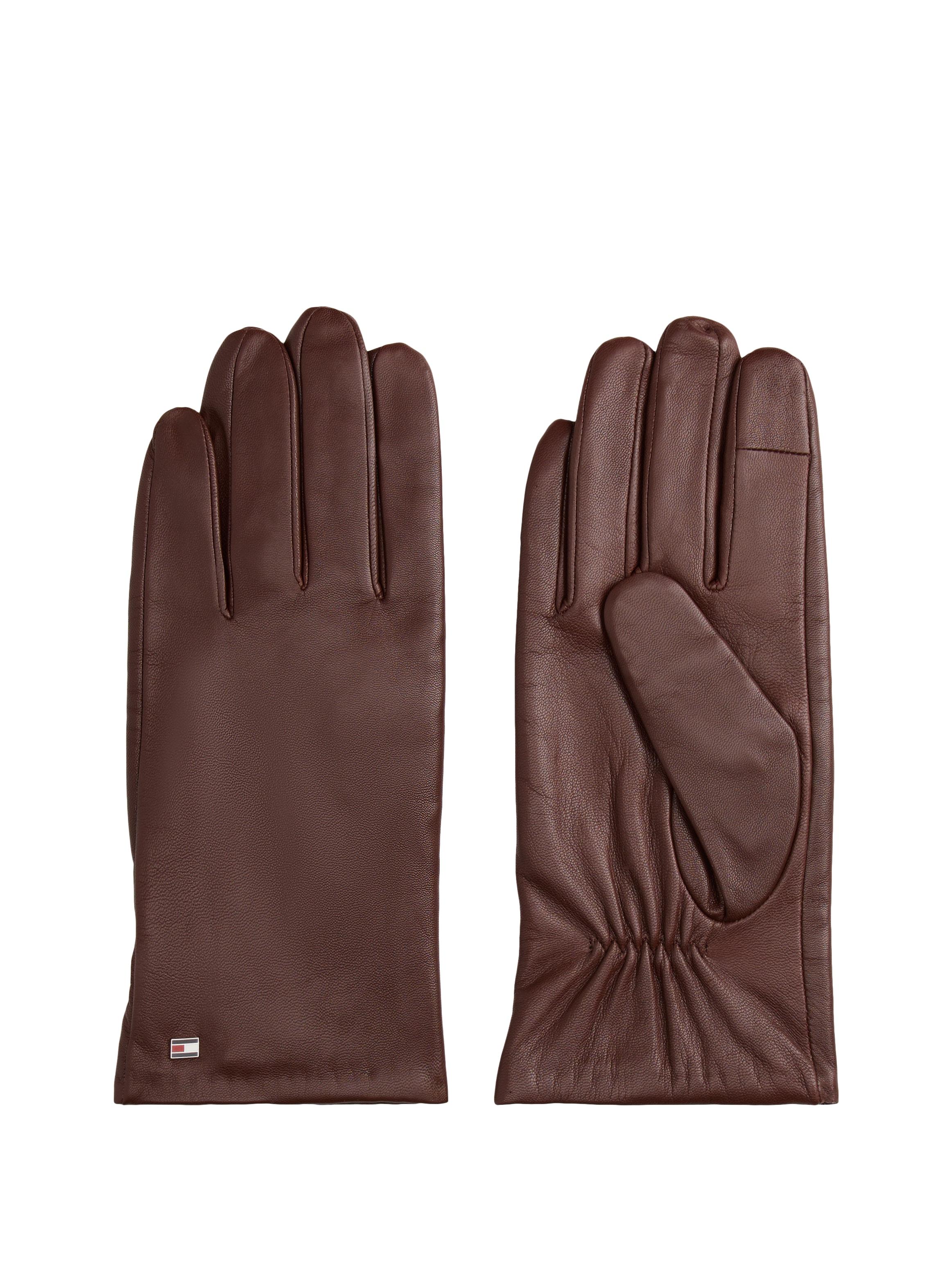 Lederhandschuhe Tommy Hilfiger "Essential Flag Leather Gloves", Herren, Gr. S/M, Braun (Coffee Bean), Rindsleder, Handschuhe, Mit Tommy Hilfiger Flagge