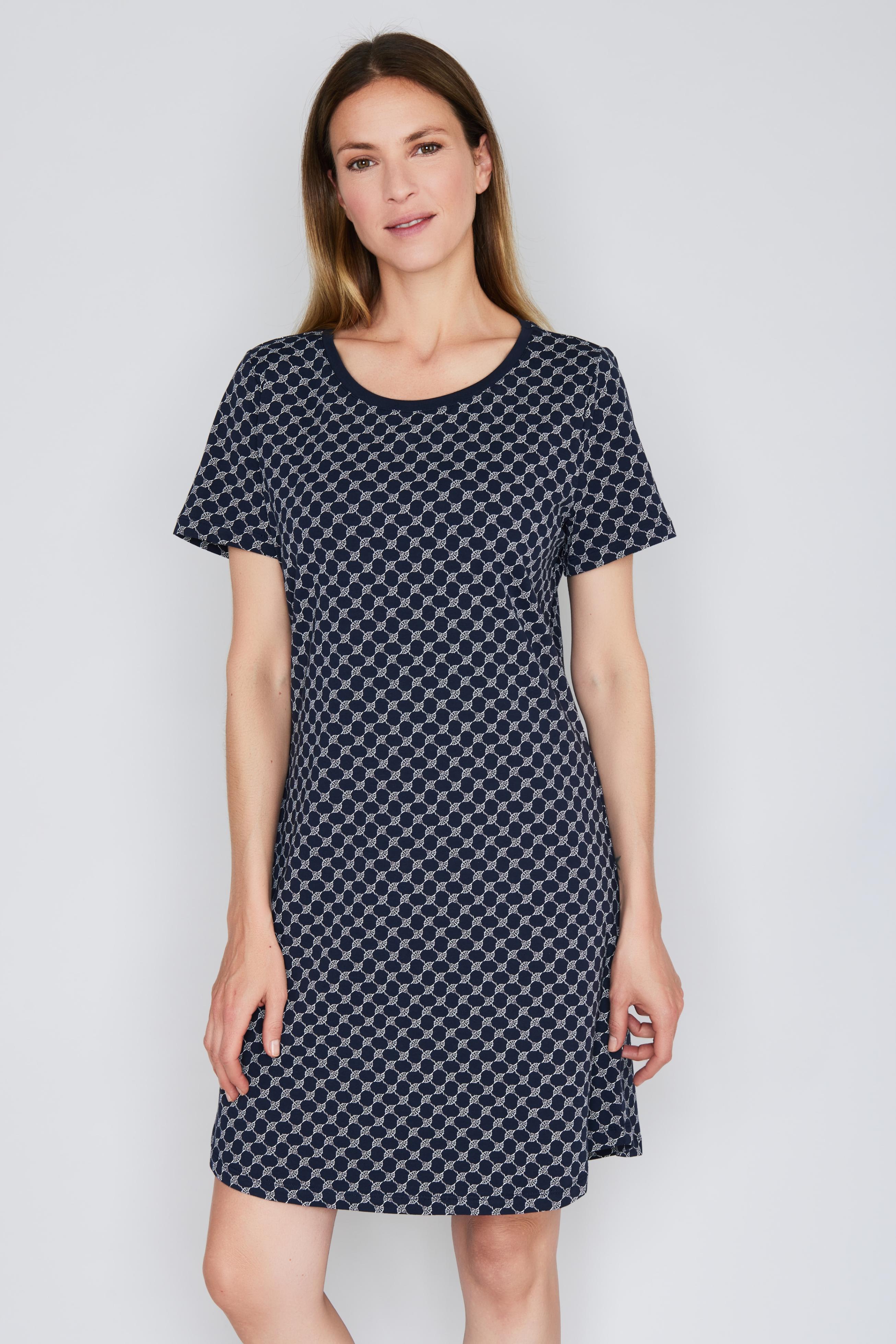 Nachthemd Joop "Cosy", Damen, Gr. 42, N-Gr, Blau (Navy Aop), Obermaterial: 95% Baumwolle, 5% Elasthan, Unifarben, Comfort Fit Wadenlang, Rundhals, Kleider Nachthemd, Mit Cornflower-Alloverprint