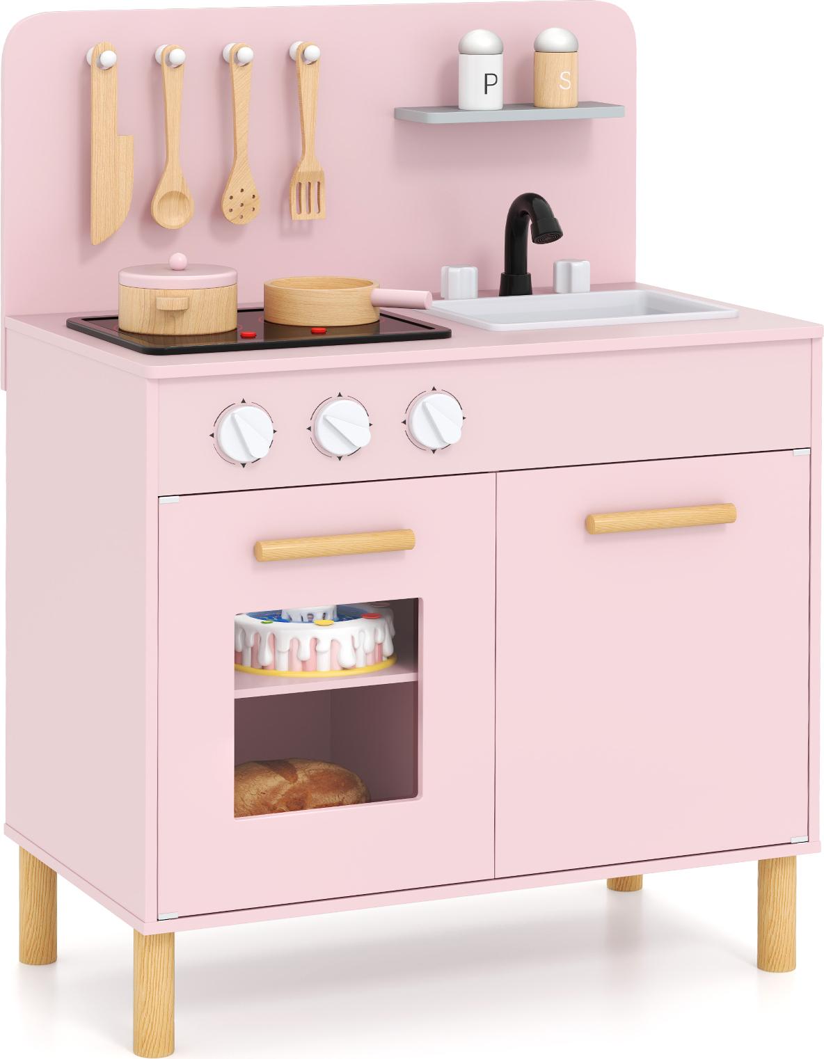 Costway Cucina Giocattolo Per Bambini Con 10 Accessori, Luci E Suoni, Cucina Giocattolo Con Fornelli, Lavello, Forno, Cucina In Legno Per Bambini A Partire Da 2 Anni Rosa