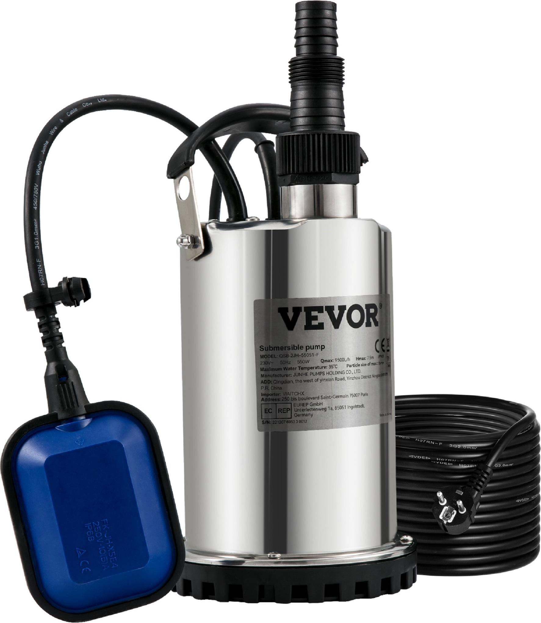 Vevor Pompa Per Acque Reflue Pompa Sommergibile 230 V 550 W 9500 L/H Pompa Da Giardino Pompa