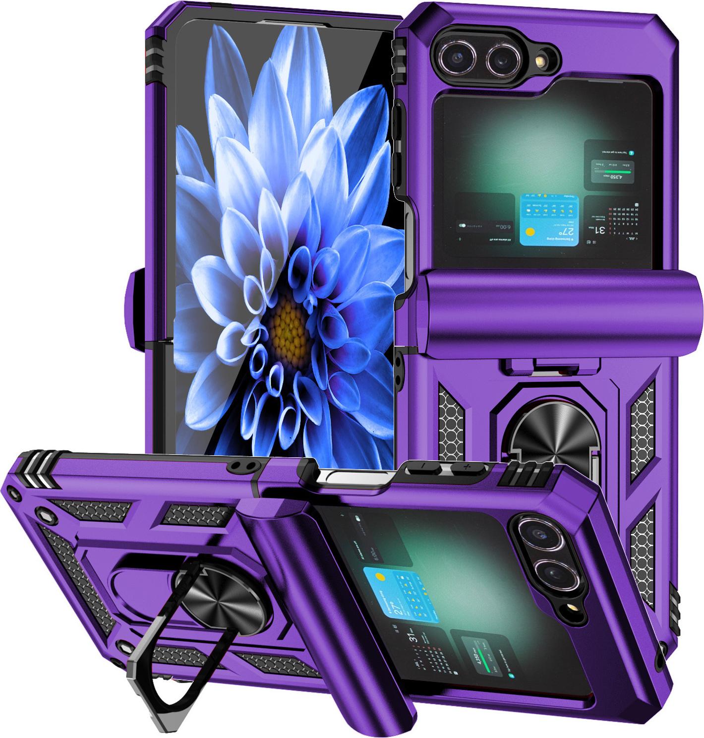 Custodia Ibrida Per Samsung Galaxy Z Flip 6 / Z Flip 7 Fe A Due Strati Con Supporto Ad Anello E Copertura A Cerniera Viola