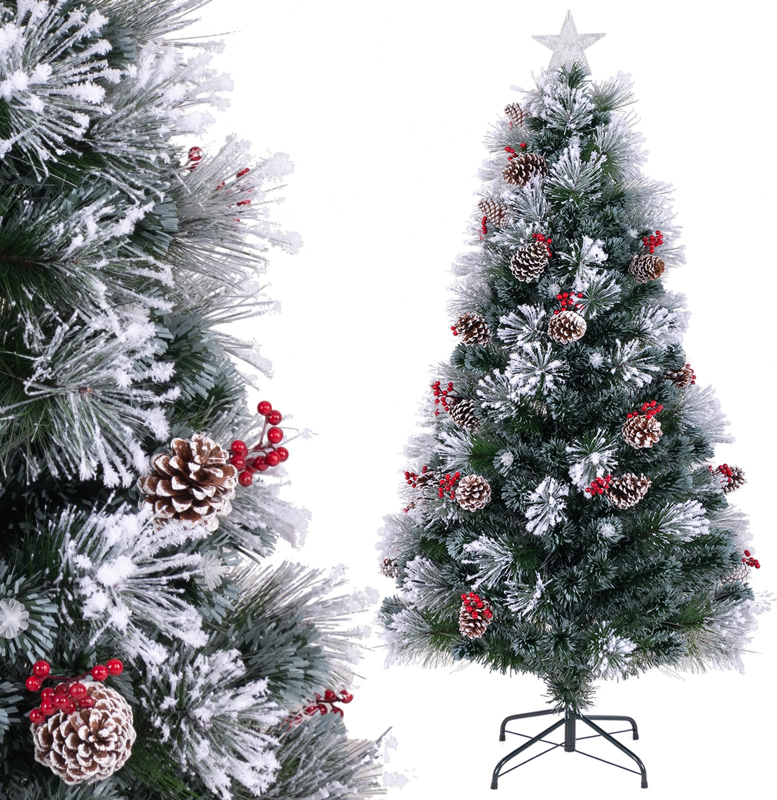 Costway Albero Di Natale Artificiale 180 Cm Con Pigne E Bacche, Albero Di Natale Con Neve, Led Bianchi Freddi, Fibra Di Vetro E Stella, 8 Modalità Verde Bianco