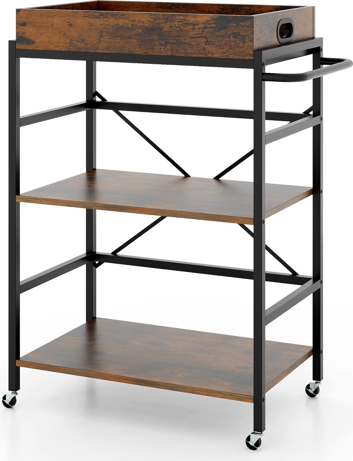 Costway 2In1 Carrello Di Servizio A 3 Livelli, Carrello Da Cucina Con Vassoio Rimovibile E Maniglia, Carrello Per Scaffali Da Cucina Fino A 11 Kg 73X40X94 Cm, Marrone Nero