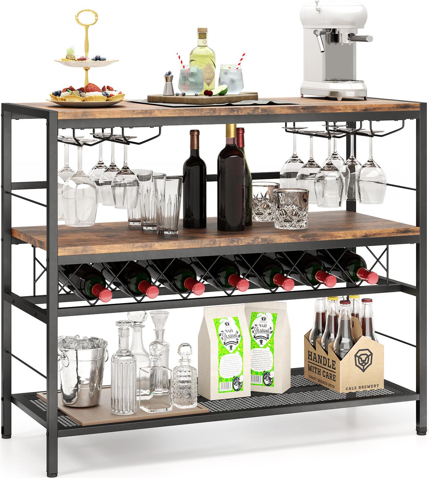 Costway Portabottiglie A 4 Livelli, Tavolo Wine Bar Da 104 Cm Con Cantinetta E 4 File Di Portabicchieri, 7 Bottiglie E 16 Bicchieri Brown