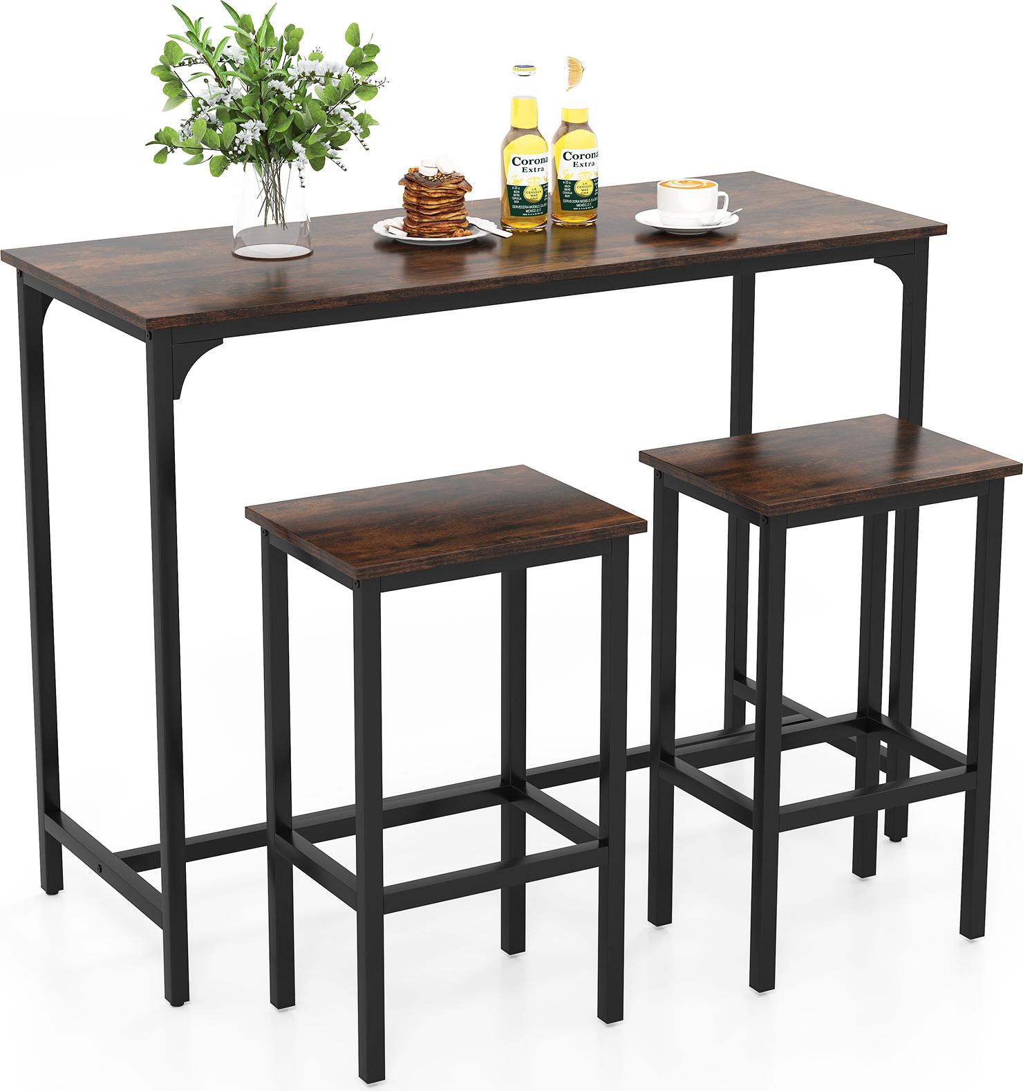 Costway Set Tavolo Da Bar Con Sgabello, Poggiapiedi, Tavolo Da Bar Per 2 Persone, Gruppo Da Pranzo Tavolo Da Bar Set Tavolo Da Cucina Bancone Da Cucina Legno Rustico Marrone