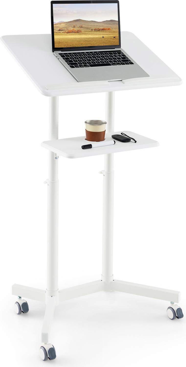 Leggio Mobile Costway, Leggio Regolabile In Altezza, Carrello Per Laptop Con Rotelle, Piano D'appoggio, Vano Portaoggetti E Portabicchieri, Supporto Per Pulpito, Bianco