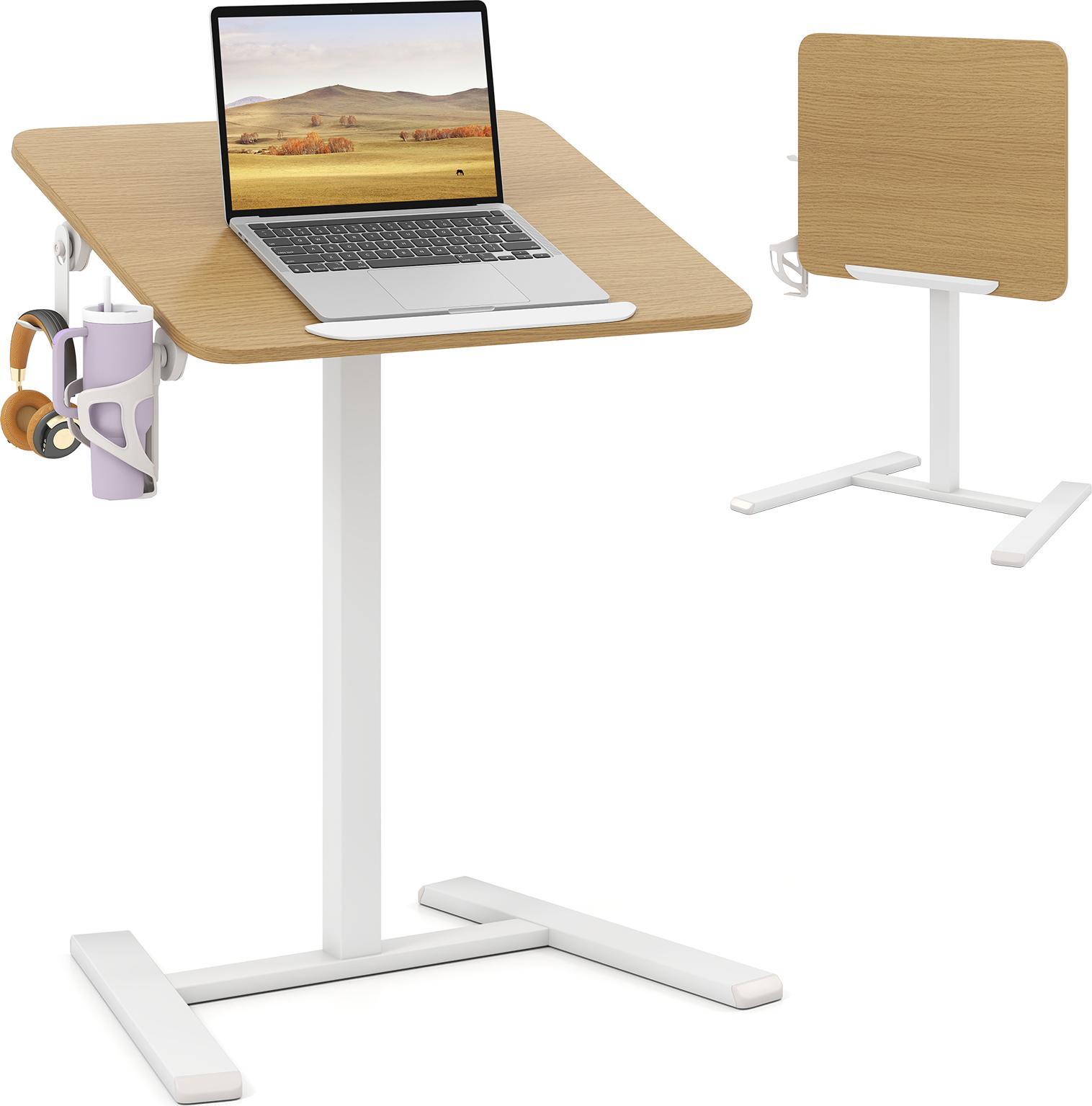 Tavolino Costway Regolabile In Altezza Con Rotelle Nascoste, Tavolo Per La Cura Con Piano Inclinabile Di 90°, Ganci E Portabicchieri, Tavolo Da Letto, Tavolo Per Computer Portatile