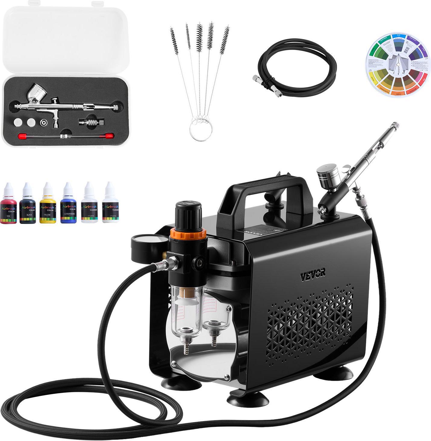 Set Di Aerografi Vevor 1/6 Hp Con Compressore D'aria, 1 Pistola Ad Aerografo A Doppia Azione Con 3 Ugelli (0,2/0,3/0,5 Mm) E Tubo Flessibile & Vernice Acrilica & Per La Decorazione Di Torte, La Pittura Di Modelli E La Nail Art A Basso Rumore
