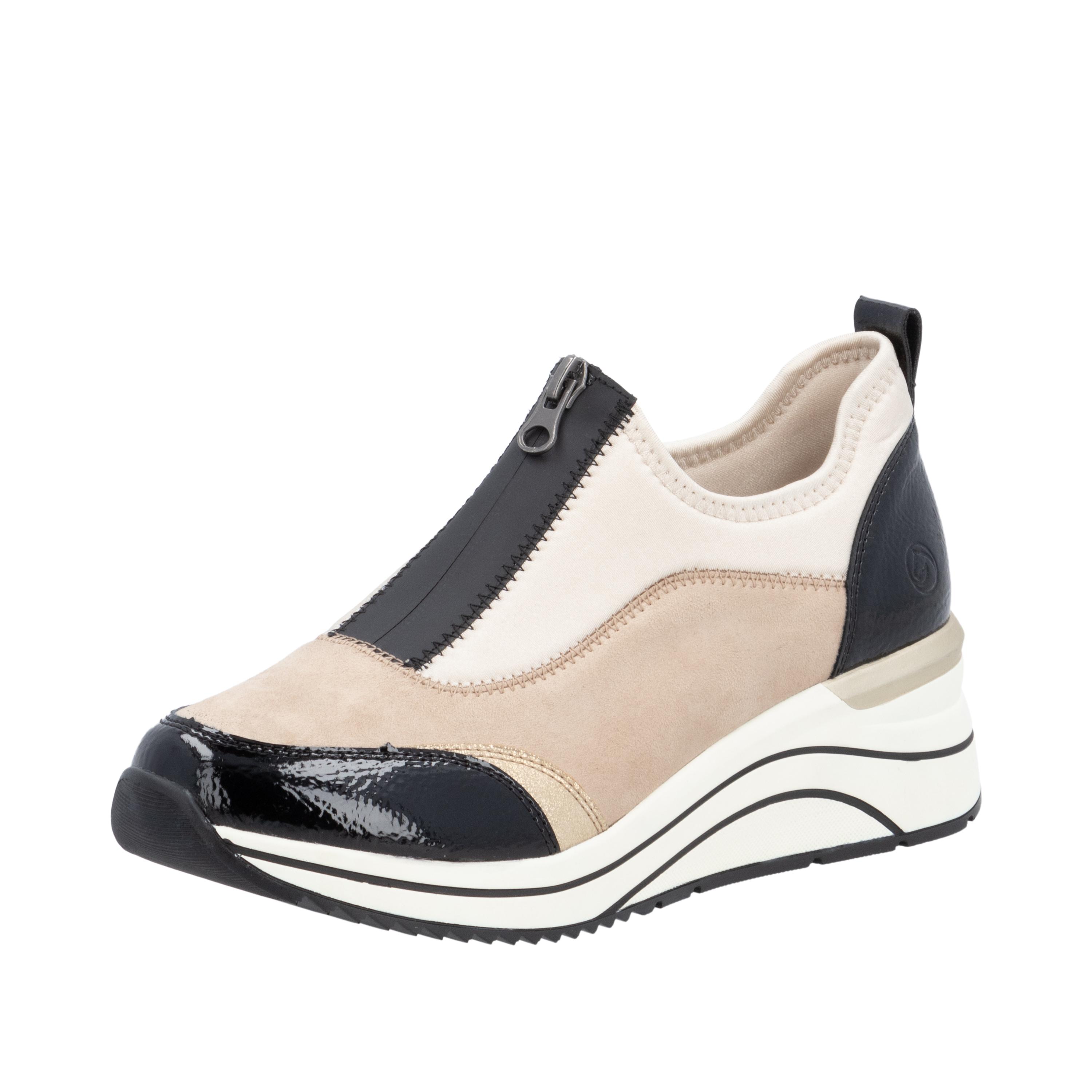 Slip-On Sneaker Remonte "Elisabeth Hurley-Collection", Damen, Gr. 40, Beige (Beige, Schwarz), Lacklederimitat, Lederimitat, Textil, Schuhe, Keilsneaker, Slipper, Schlupfschuh, Freizeitschuh, Vegan