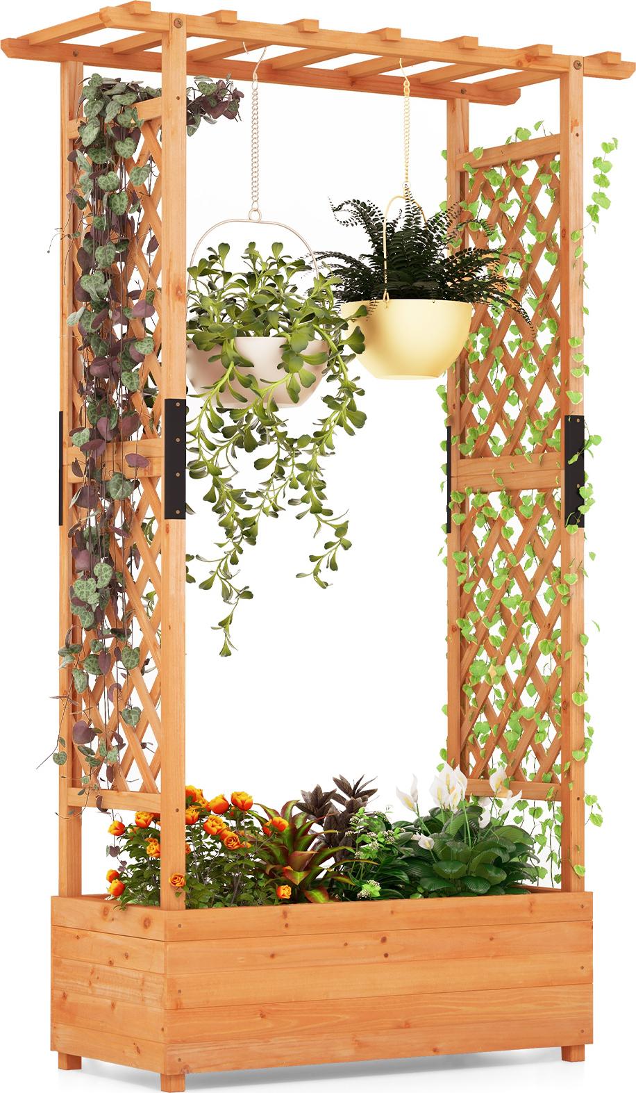 Costway Letto Rialzato Con Traliccio E Tetto Sospeso, Cassetta Per Piante Rampicanti In Legno 110X44X182Cm Arancione