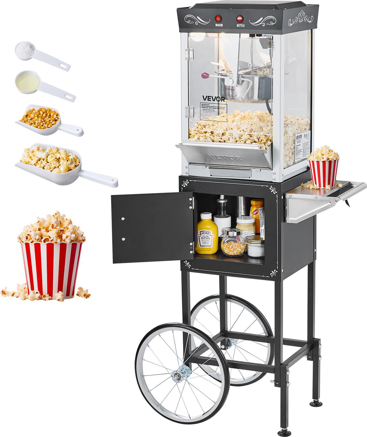 Macchina Per Popcorn Vevor Macchina Per Popcorn Con Bollitore E Carrello, Macchina Per Popcorn Commerciale Da 800 W, 48 Tazze Per Carico, Con Funzionamento A 2 Pulsanti, Parete In Vetro, Porta Pc, 1 Porzionatore, 3 Cucchiai, Nero
