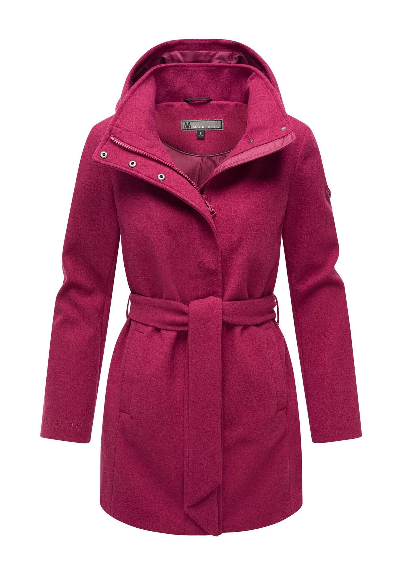 Kurzmantel Marikoo "Katalinaa", Damen, Gr. Xl, Berry Wine, 90% Polyester, 10% Viskose, MäNtel Kurzmantel, Eleganter Wickel Mantel Mit TaillengüRtel Und Oversized Hood Kapuze