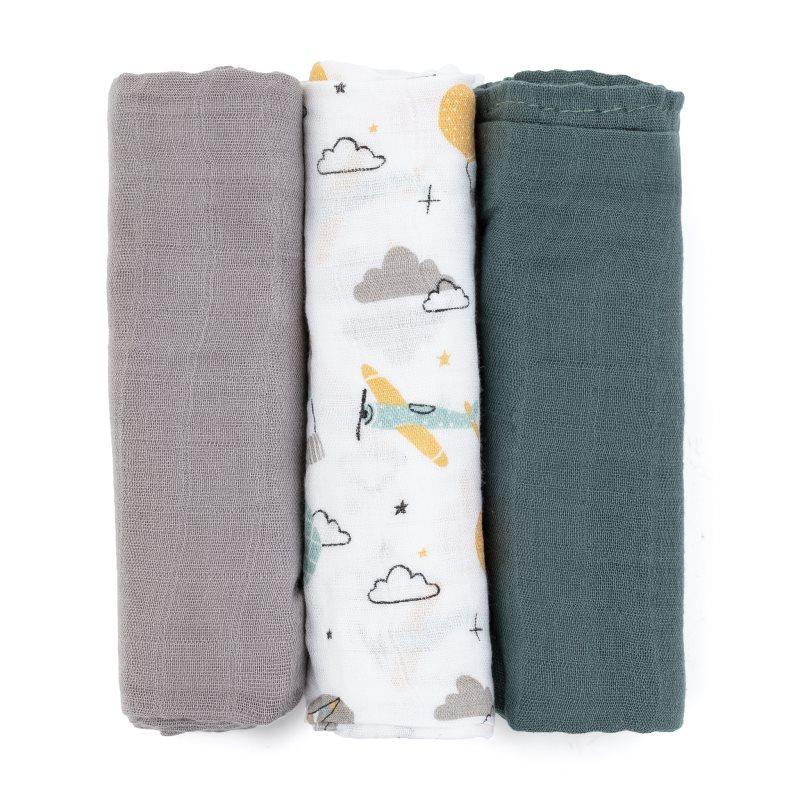 Petite&Mars Moussy stoffen luiers Grey Planes 68 x 68 cm 3 st