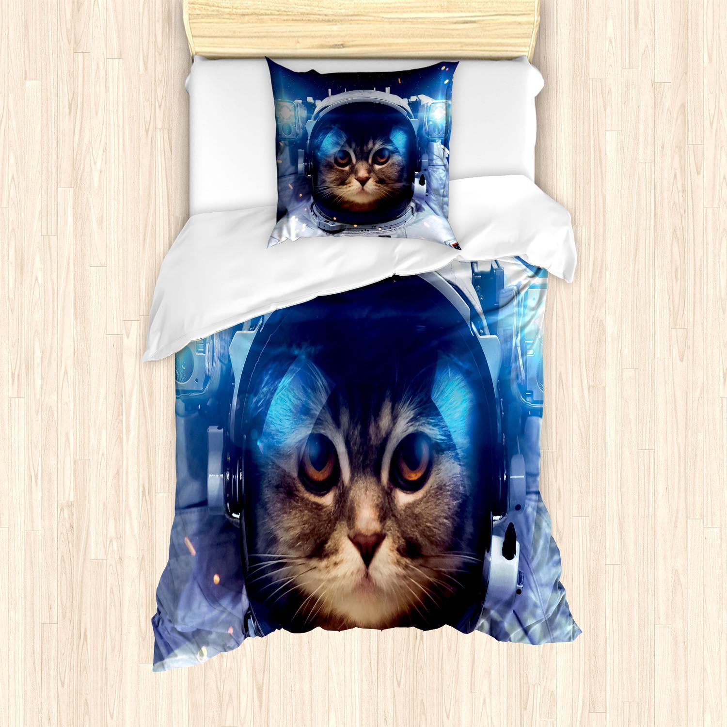 Abakuhaus Set Copripiumino Raum-Katze, Tema Felline Astronaut, Divertente Illustrazione Con Temi Scientifici, Esplorare L'universo, 135 X 200 Cm + 80 X 80 Cm, Multicolore
