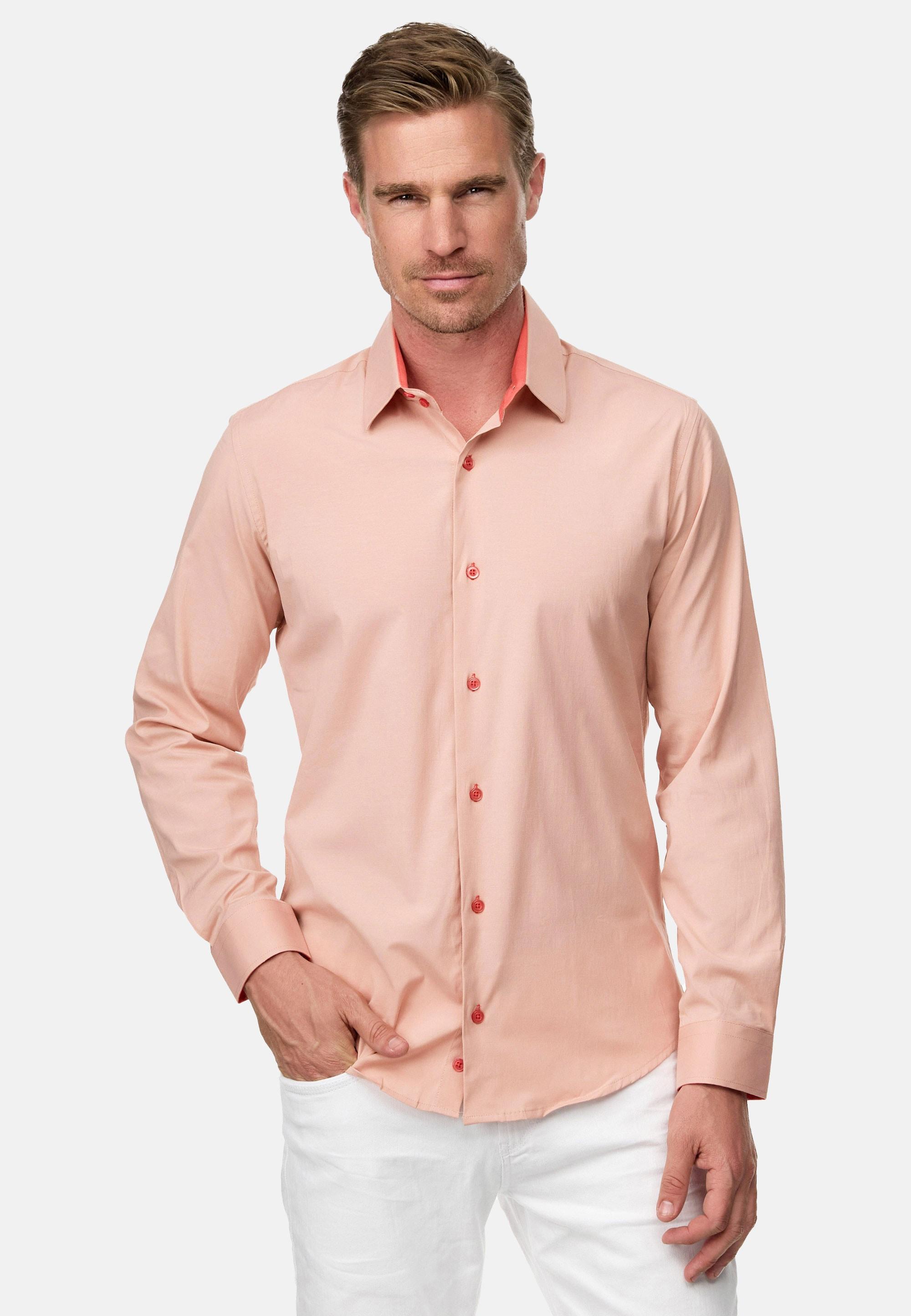 Langarmhemd Rusty Neal, Herren, Gr. L, Euro-GrößEn, Rot (Apricot), 60% Baumwolle, 37% Polyester, 3% Elasthan, Mehrfarbig, Hemden, Mit Farblich Abgesetztem Innenkragen