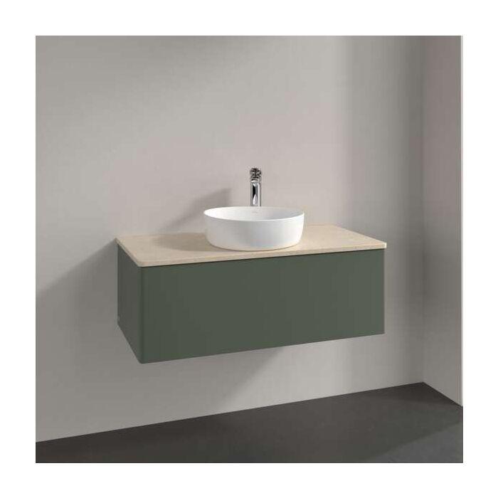 Villeroy Und Boch Antao Waschtisch-Unterschrank L31053HL Mit Beleuchtung, 1 Auszug, 1000 X 360 X 500 Mm, Front Ohne Struktur, Leaf Green Matt Lacquer / Botticino
