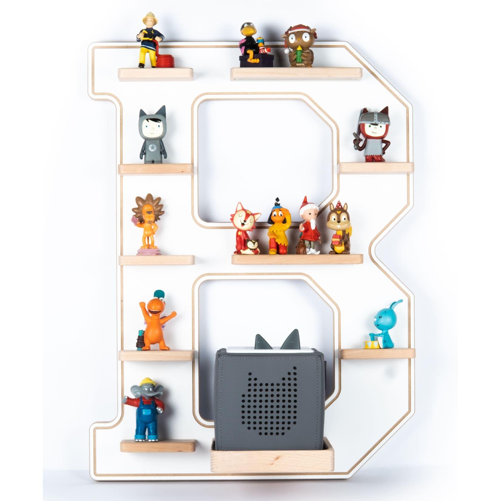 BOARTI Kinderregal Buchstabe B hängend für Toniebox und Tonie Figuren platzsparendes Regal Maße H. 54 x B. 41 x T. 19 Wandregal Musikbox Figuren Aufbewahrung Magneteinsätzen Aufbewahrungsregal Holz