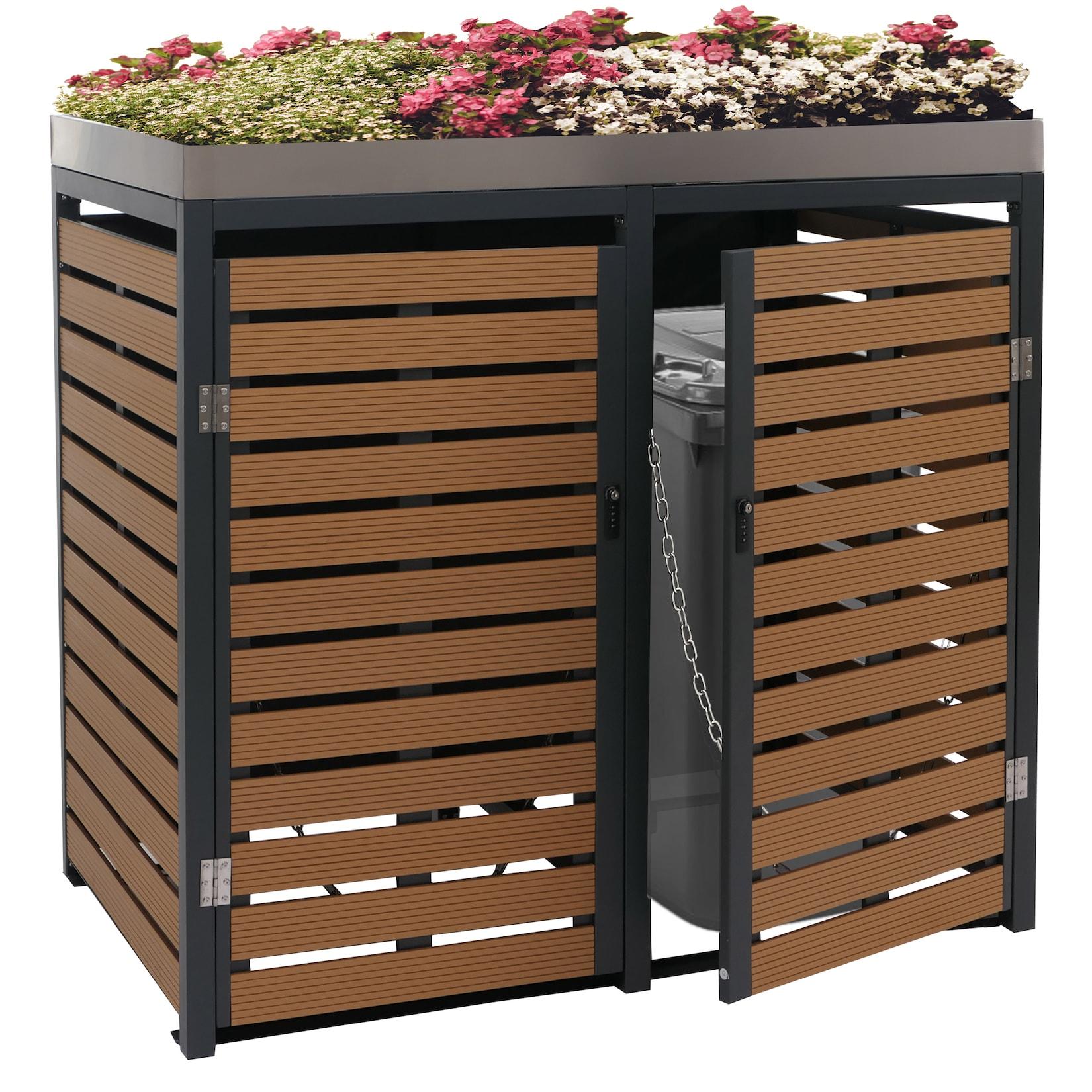 2Er MüLltonnenverkleidung MCW-K14, MüLltonnenbox Mit Pflanzkasten, 124X134X84Cm Wpc Edelstahl 79Kg ~ Teak-Optik