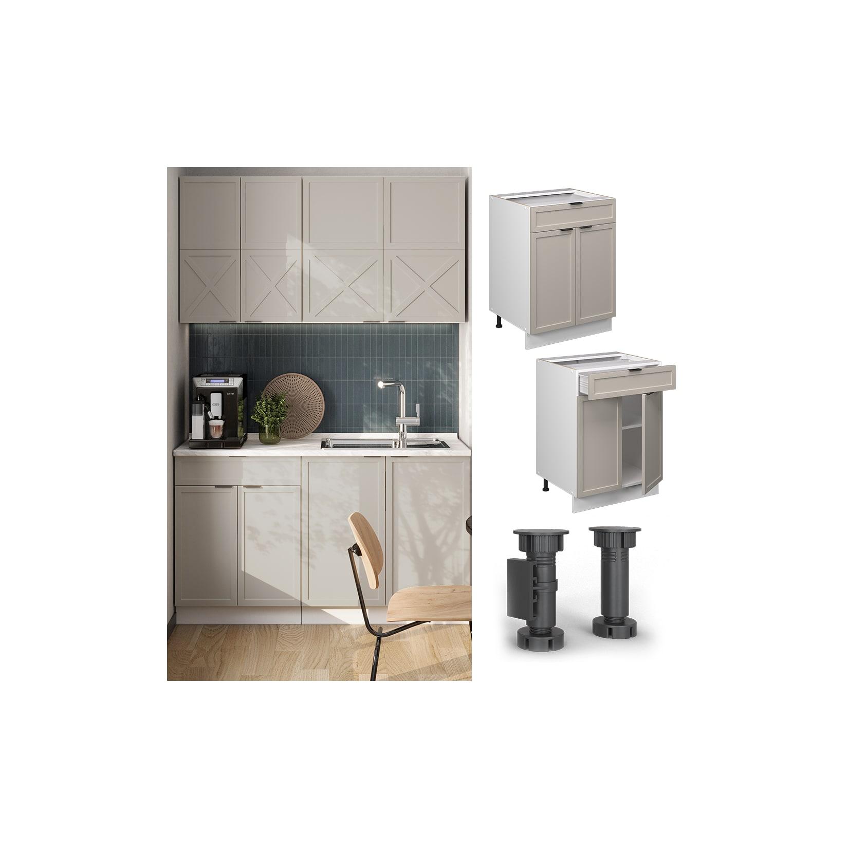 Vicco Schubunterschrank Fame-Line Weiß Grau-Beige Gerahmt 60 Cm Mit Arbeitsplatte Eiche