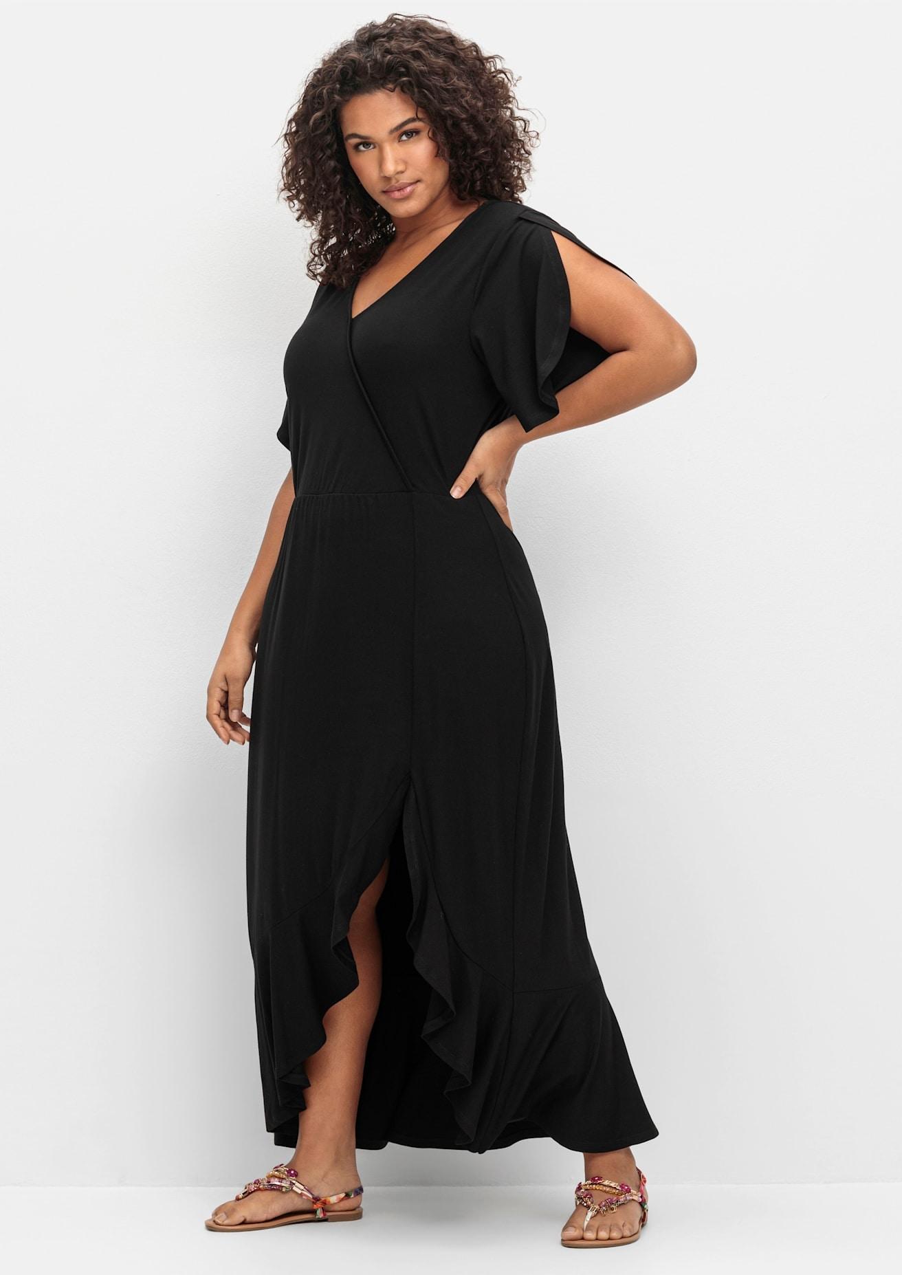 Sommerkleid Sheego "Jerseykleid", Damen, Gr. 46, NormalgrößEn, Schwarz, Jersey, 95% Viskose, 5% Elasthan, Unifarben, Lang, V-Ausschnitt, Kleider Sommerkleid