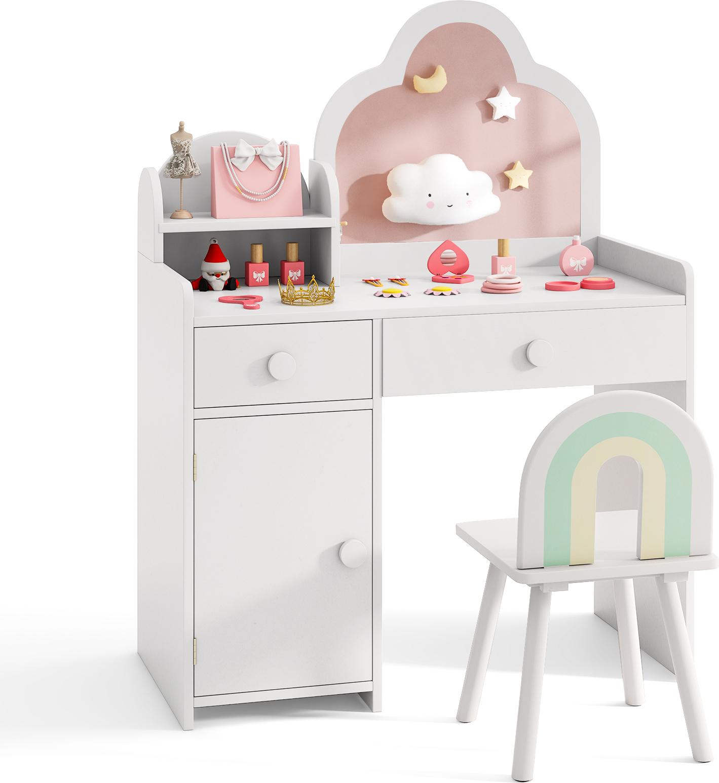 Set Costway Di Toletta E Sedia, Toletta Con Seduta, Specchio A Forma Di Nuvola, Mobile A Scaffale Aperto E Gambe Della Sedia Da 3-7 Anni
