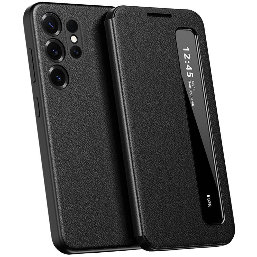 Custodia In Finto Cuoio Per Samsung Galaxy S25 Ultra, Custodia Per Cellulare Intelligente Con Finestra Laterale Intelligente Nera