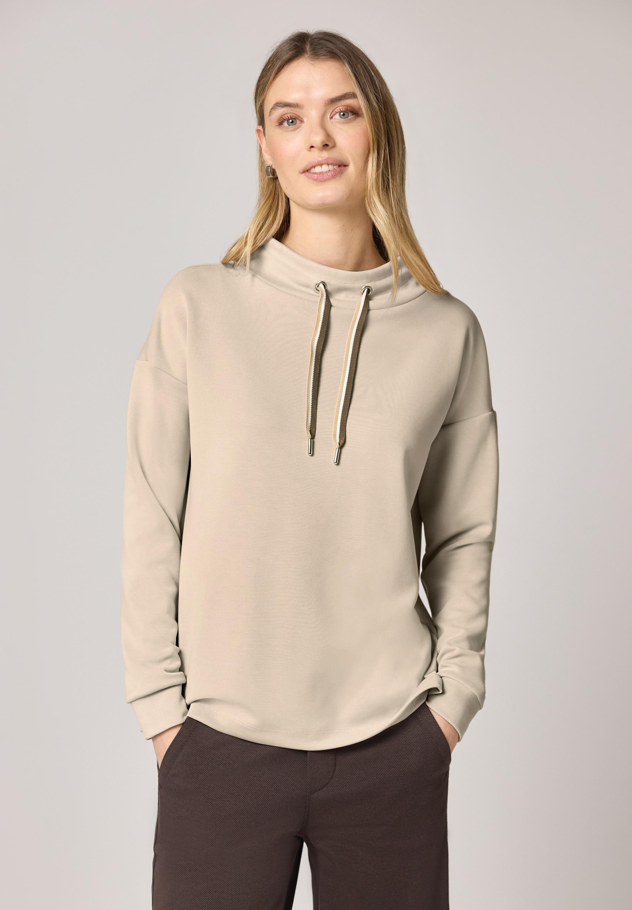 Langarmshirt Street One, Damen, Gr. 36, Cotton Beige, Stoff, 46% Modal, 46% Polyester, 8% Elasthan, Unifarben, Normal Normal, Hoch Geschlossener Ausschnitt, Abgesteppt, Shirts Langarmshirt, Im Silk Look