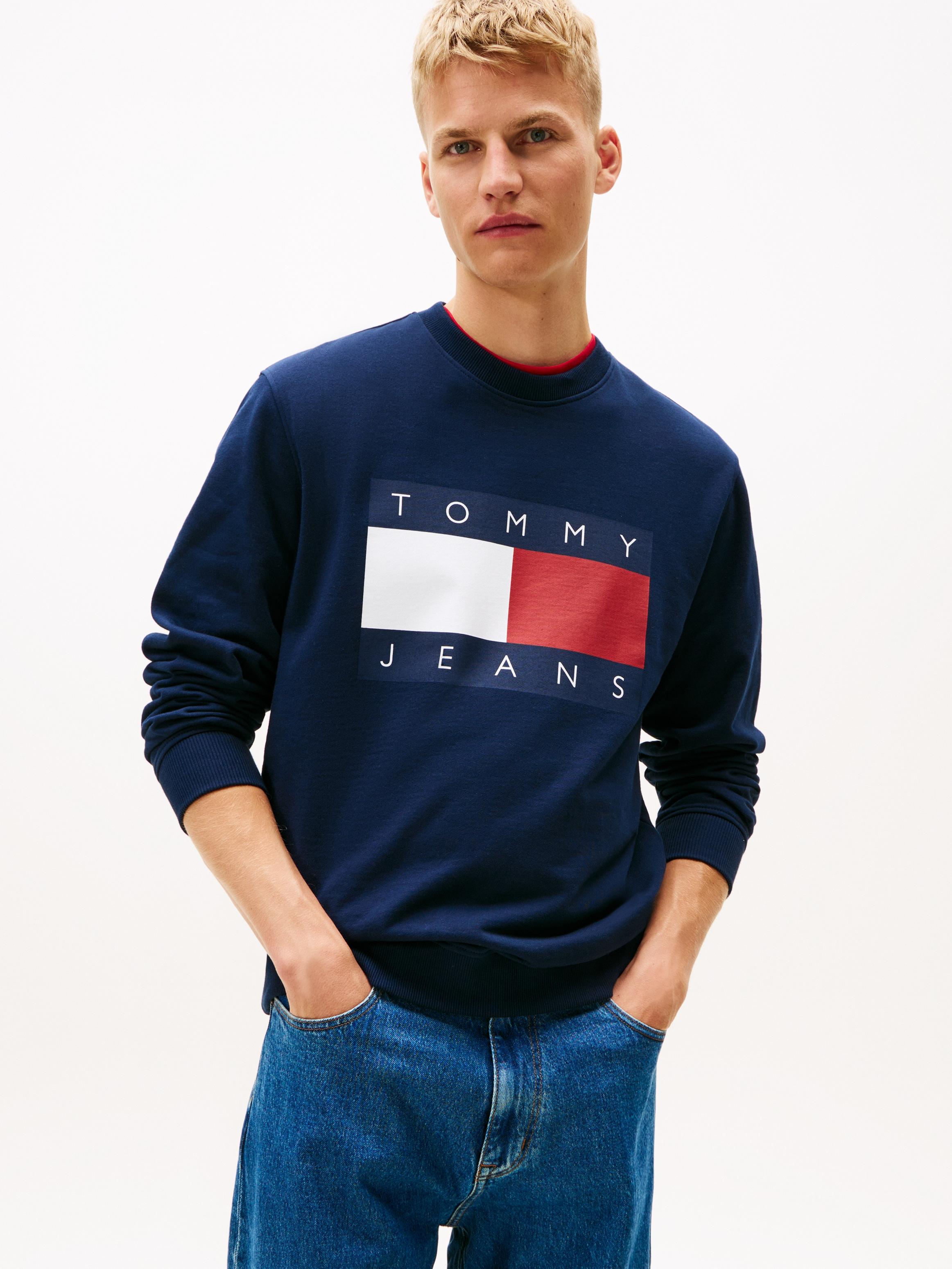 Sweatshirt Tommy Jeans "Tjm Big Flag Crewneck", Herren, Gr. L, Blau (Schwarz Night Navy), Sweatware, Obermaterial: 100% Baumwolle, Rundhals, BüNdchen, Sweatshirts Sweatshirt, Regular Fit