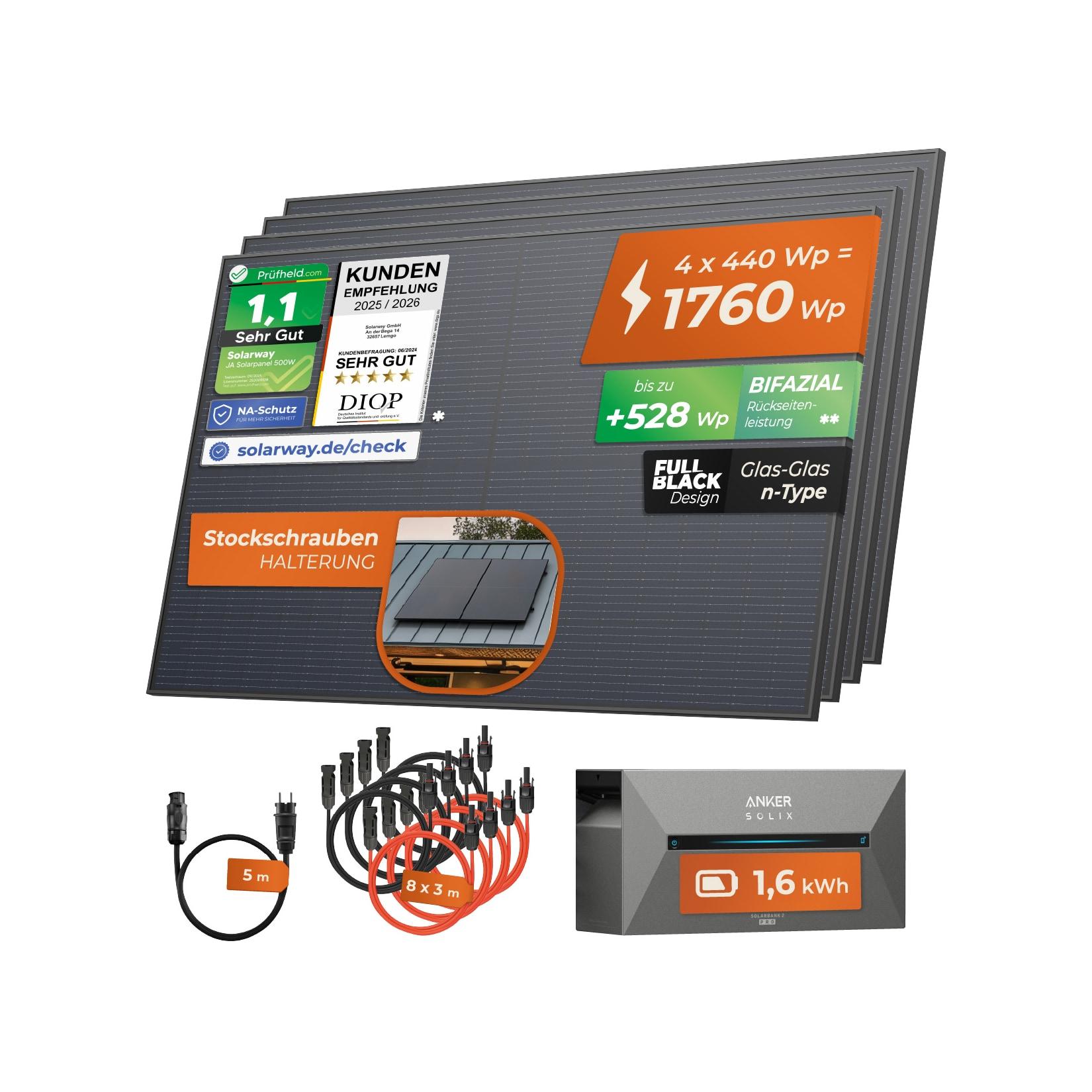 1780W + Anker 2 PRO Solarway® All In One Balkonkraftwerk mit Speicher 1780W komplett Steckdose - 1,6 kWh Anker Solix 2 PRO Speicher - Solaranlage Komplettset - 445W bifaziale Solarmodule & Anker Speicher & Zubehör