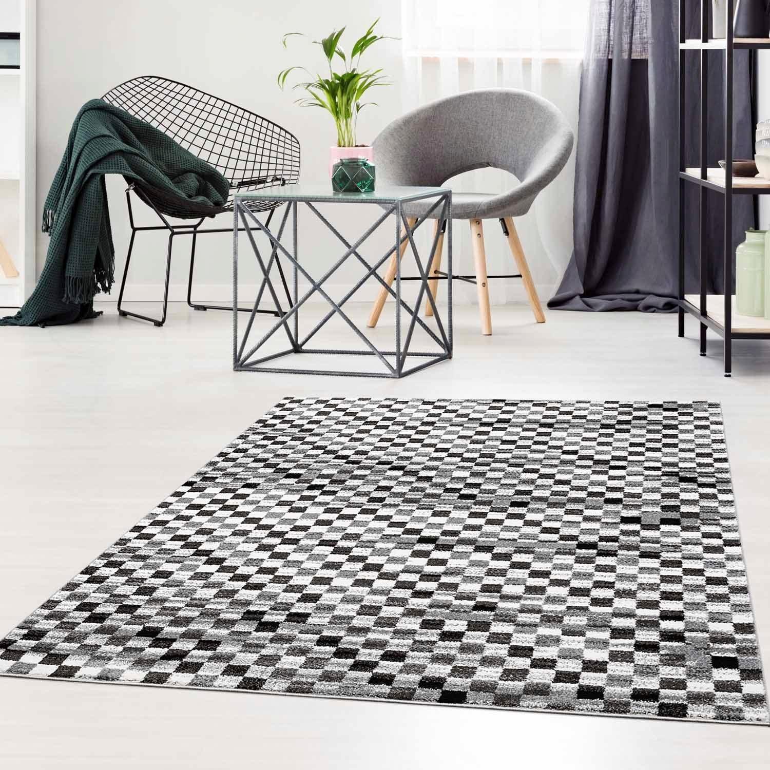 Teppich CARPET CITY "Moda 1141" Gr. 2, grau, B:80cm H:11mm L:150cm, Kunstfaser, Teppiche, Teppich, Kurzflor, Karo, weich, Wohnzimmer, Schlafzimmer