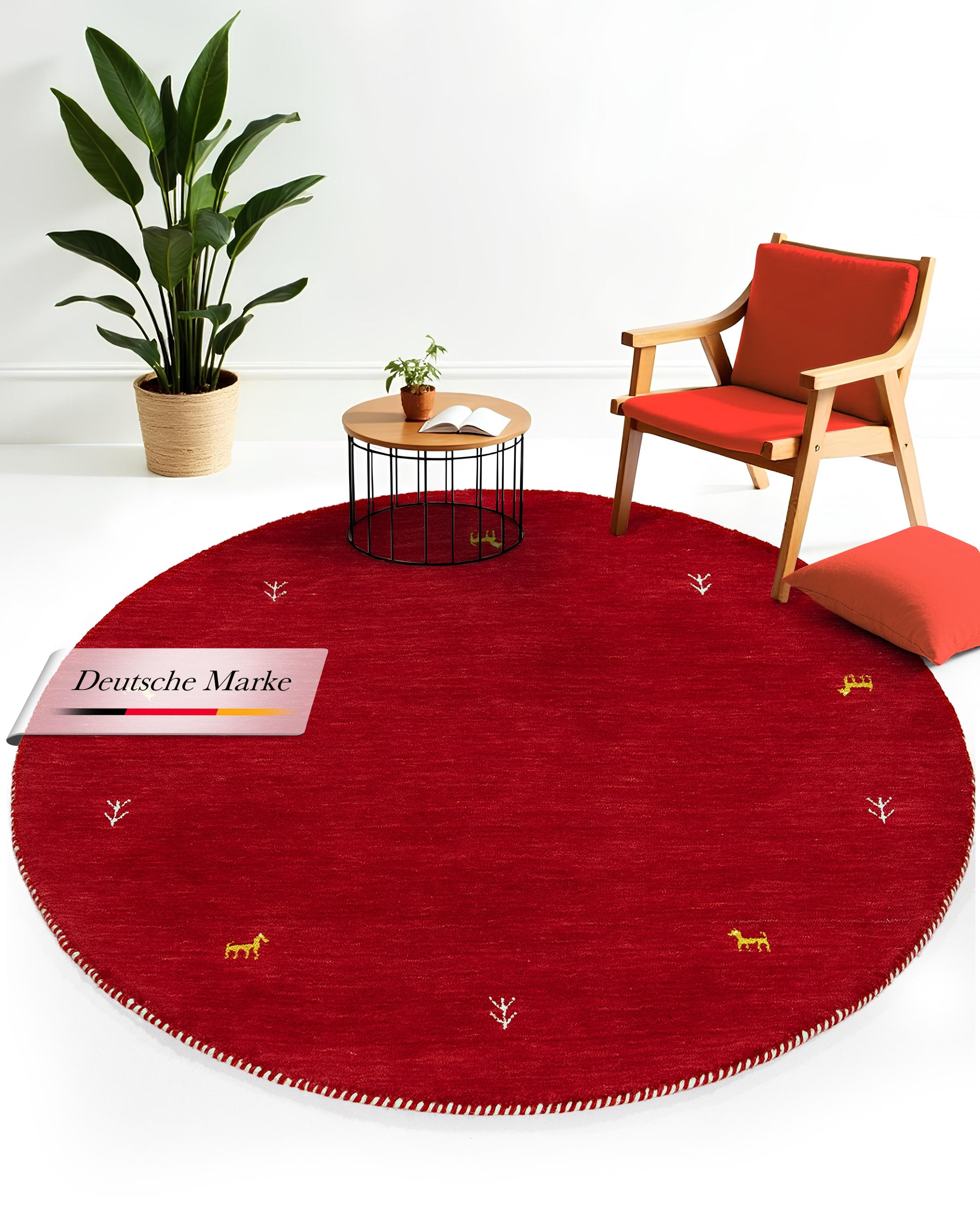 Wollteppich CARPETFINE "Gabbeh Uni", rot, H:15mm Ø:80cm, Wolle, Teppiche, Wollteppich, reine Wolle handgewebt, Gabbeh Tiermotiv warmes Raumklima viele Größen