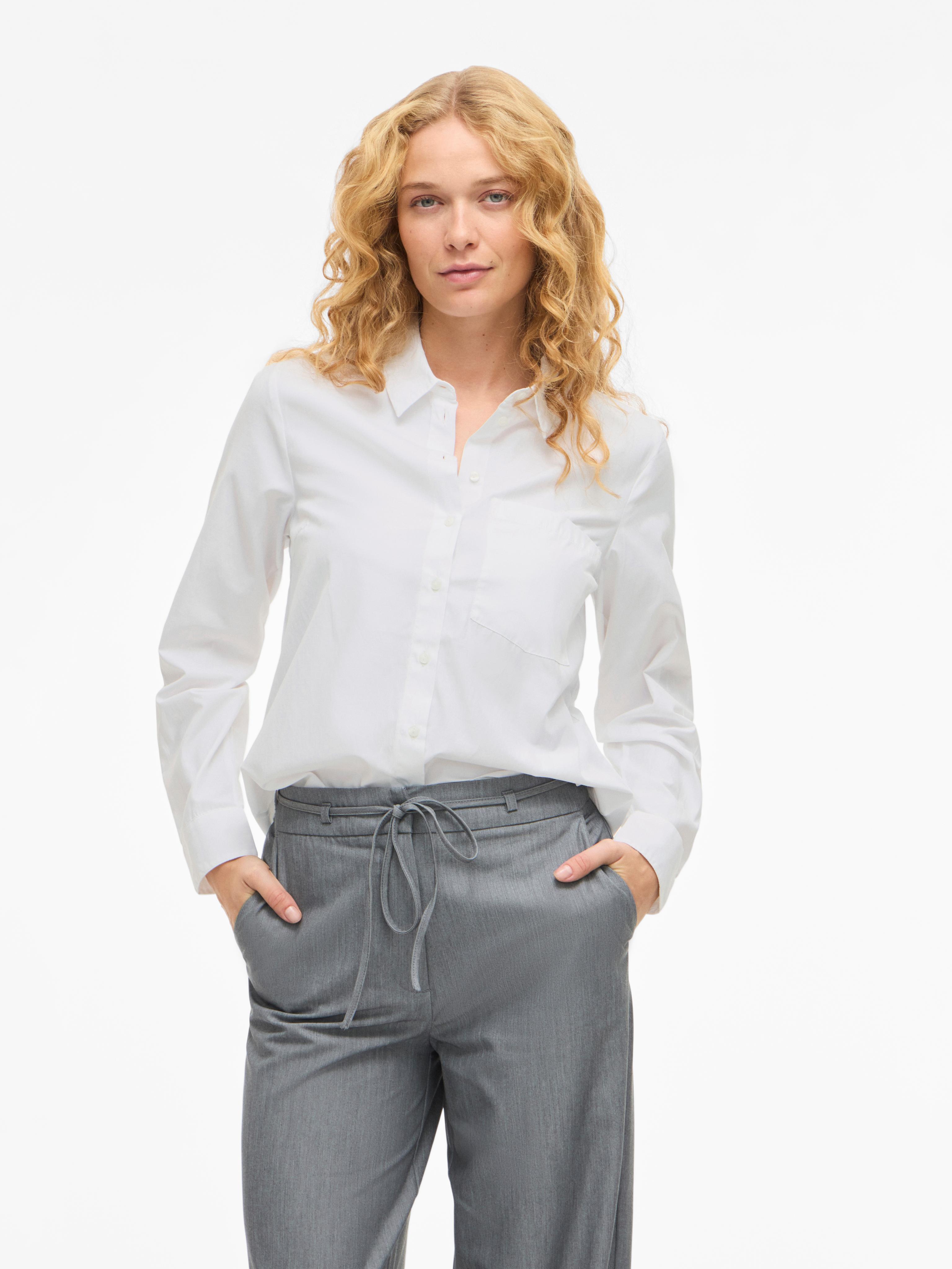 Langarmbluse VILA "VIDARMA L/S REGULAR SHIRT - NOOS", Damen, Gr. 40, hellweiß, Web, Obermaterial: 55% Polyester, 45% Baumwolle, unifarben, regular fit normal, 1-Knopf-Manschette, Blusen Langarmbluse