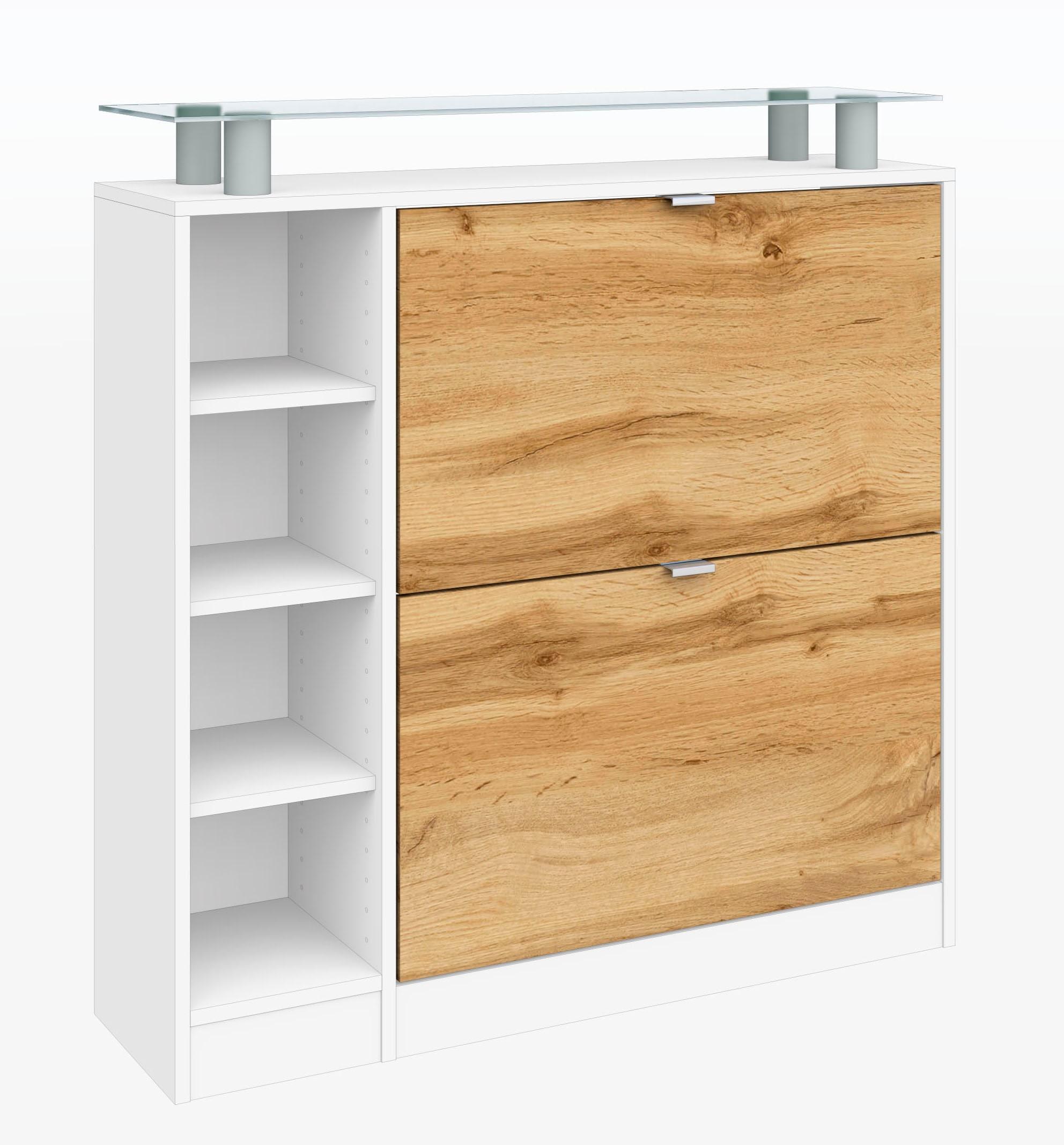 Schuhschrank BORCHARDT MÖBEL "Dolly, Schuhregal, Schuhkipper mit Glasablage und Metallgriffen", weiß (weiß matt, eichefarben wotan), B:89cm H:92cm T:25cm, Holzwerkstoff, Schränke, Schuhschrank, Breite 89 cm