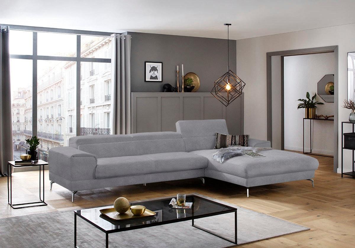 Ecksofa W.SCHILLIG "piedroo, Designsofa mit tollem Sitzkomfort, elegant und bequem, L-Form", grau (dolphin r66), B:343cm H:70cm T:193cm, Chenille-Flachgewebe R66 (85% Polyester, 15% Nylon), Sofas, Ecksofa, Kopfteilverstellung, wahlweise mit Sitztiefenverstellung, Breite 343cm