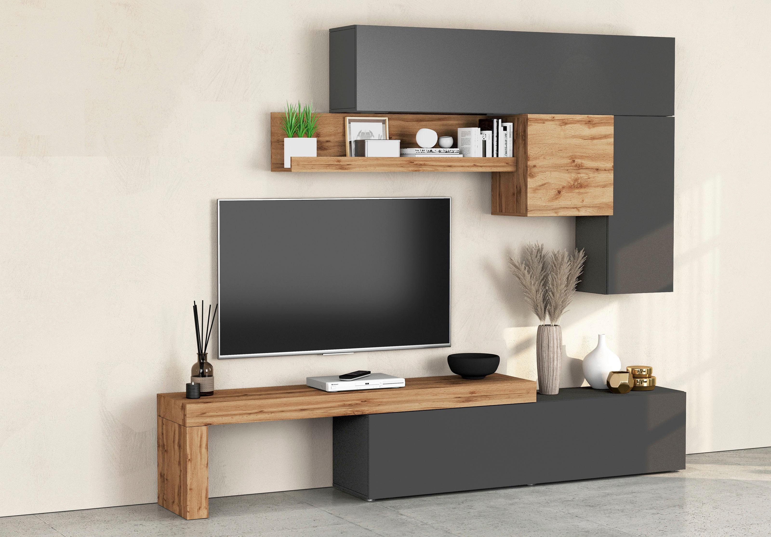 Wohnwand OTTO HOME "Chronos Wohnwand, Medienwand, 5-er set", grau (anthrazit, eiche wotan), B:270cm, Holzwerkstoff, Kastenmöbel-Sets, Wohnwand, ca. 270 cm mit Hängeschränke, Würfel, Regal, Lowboard, Made in Italy