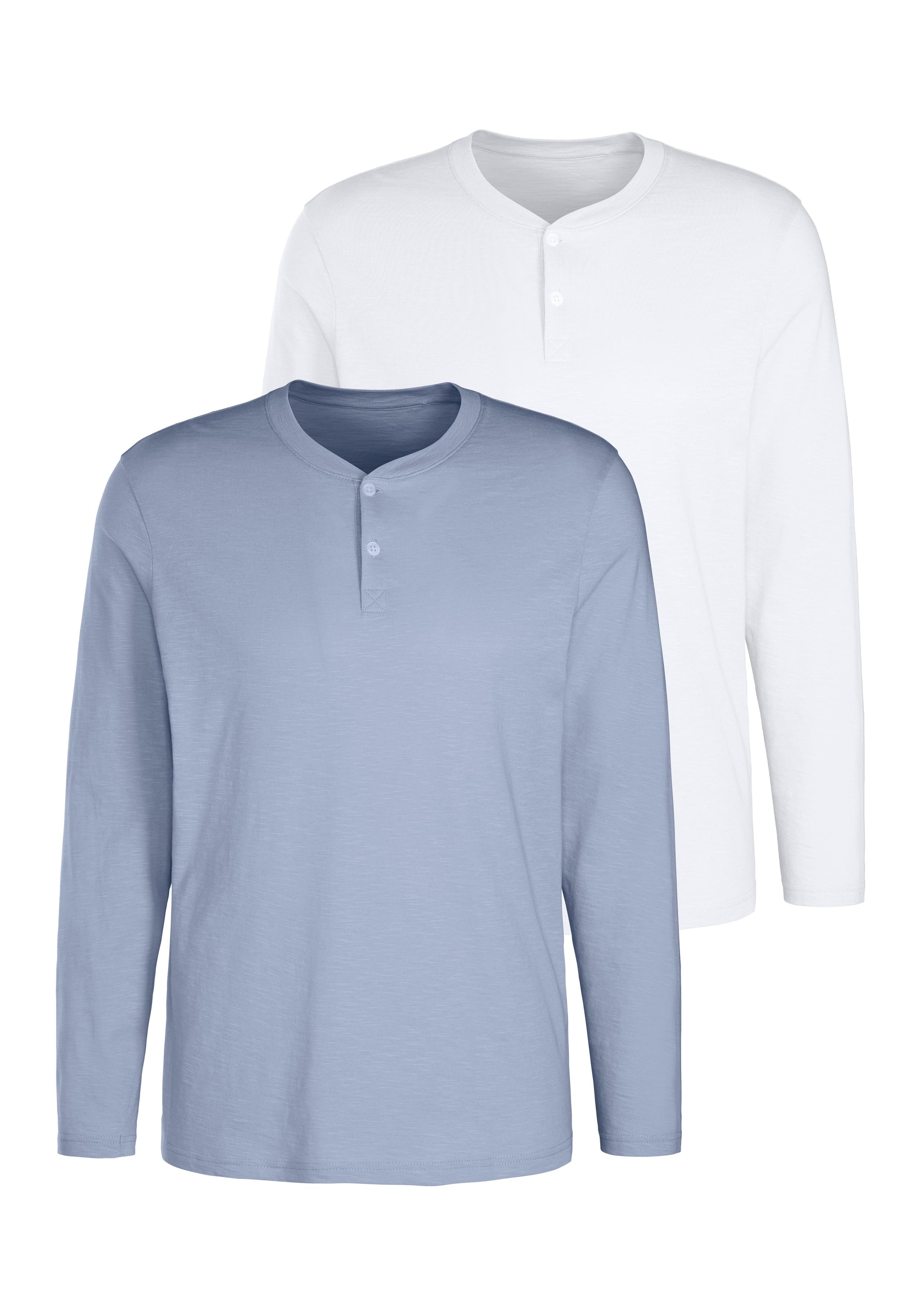 Langarmshirt H.I.S "- Henleyshirt langarm", Herren, Gr. L (52/54), blau (hellblau, weiß), Slub, Obermaterial: 100% Baumwolle, unifarben, regular fit normal, Rundhals, abgesteppte Kante, Shirts Langarmshirt, Langarm, Shirt mit Knopfleiste aus strukturierter Baumwoll-Qualität