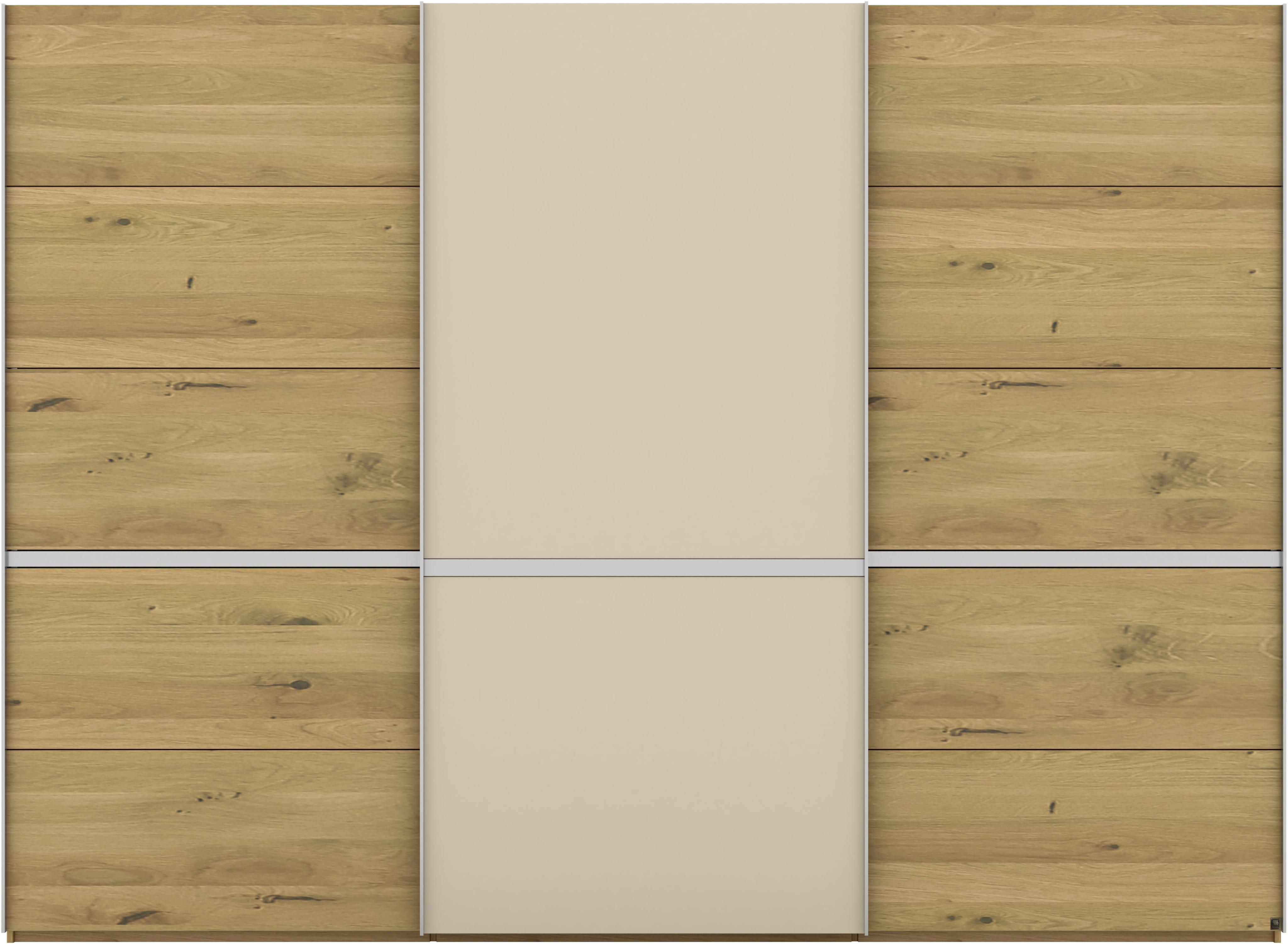 Schwebetürenschrank MUSTERRING "Savona, Kleiderschrank, Schrank, Garderobe, mit Schiebetüren", beige (braun), B:300cm H:217cm, Schränke, Schwebetürenschrank, Türen Bianco-Eiche massiv, Spiegel-/Glastüren, eingelegte Chromleiste