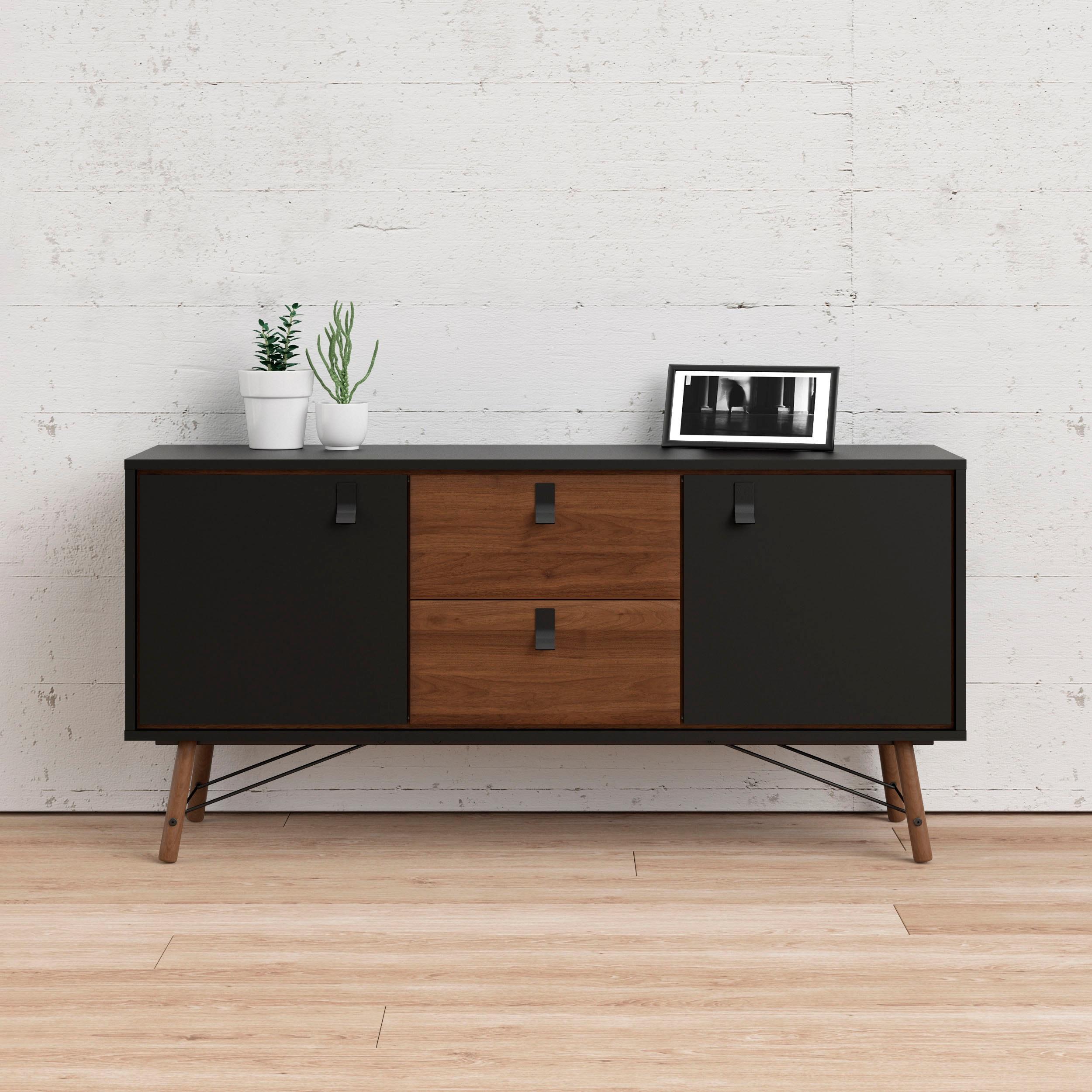 Sideboard ANDAS "Ry Aufbewahrung, Schubladenschrank", braun (schwarz matt, walnuss), B:150,3cm H:72,2cm T:40,1cm, Holzwerkstoff, Sideboards, Sideboard, Breite 150 cm, Höhe 72 cm, Kommode mit 2 Türen und 2 Schubläden