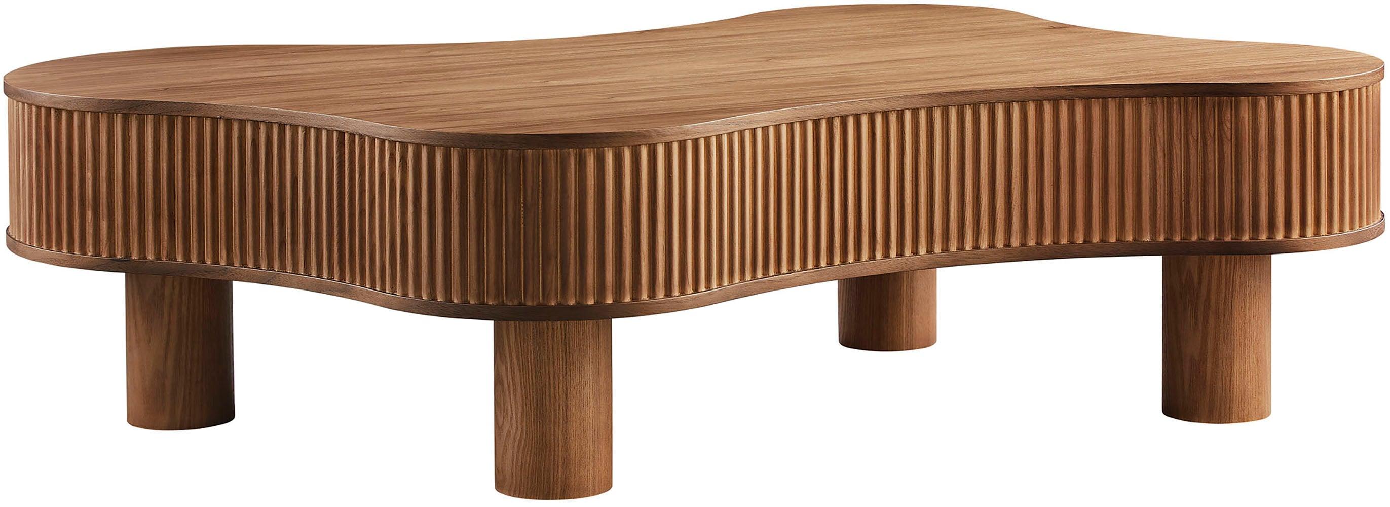 Couchtisch SALESFEVER "Wohnzimmertisch organisch mit Massivholz-Lamellen 115 x 75 cm", braun (walnuss), B:116cm H:32cm T:77cm, MDF, Walnuss massiv, Holzfurnier, Tische, Couchtisch, Stilvoller & moderner Holztisch mit Echtholzfurnier